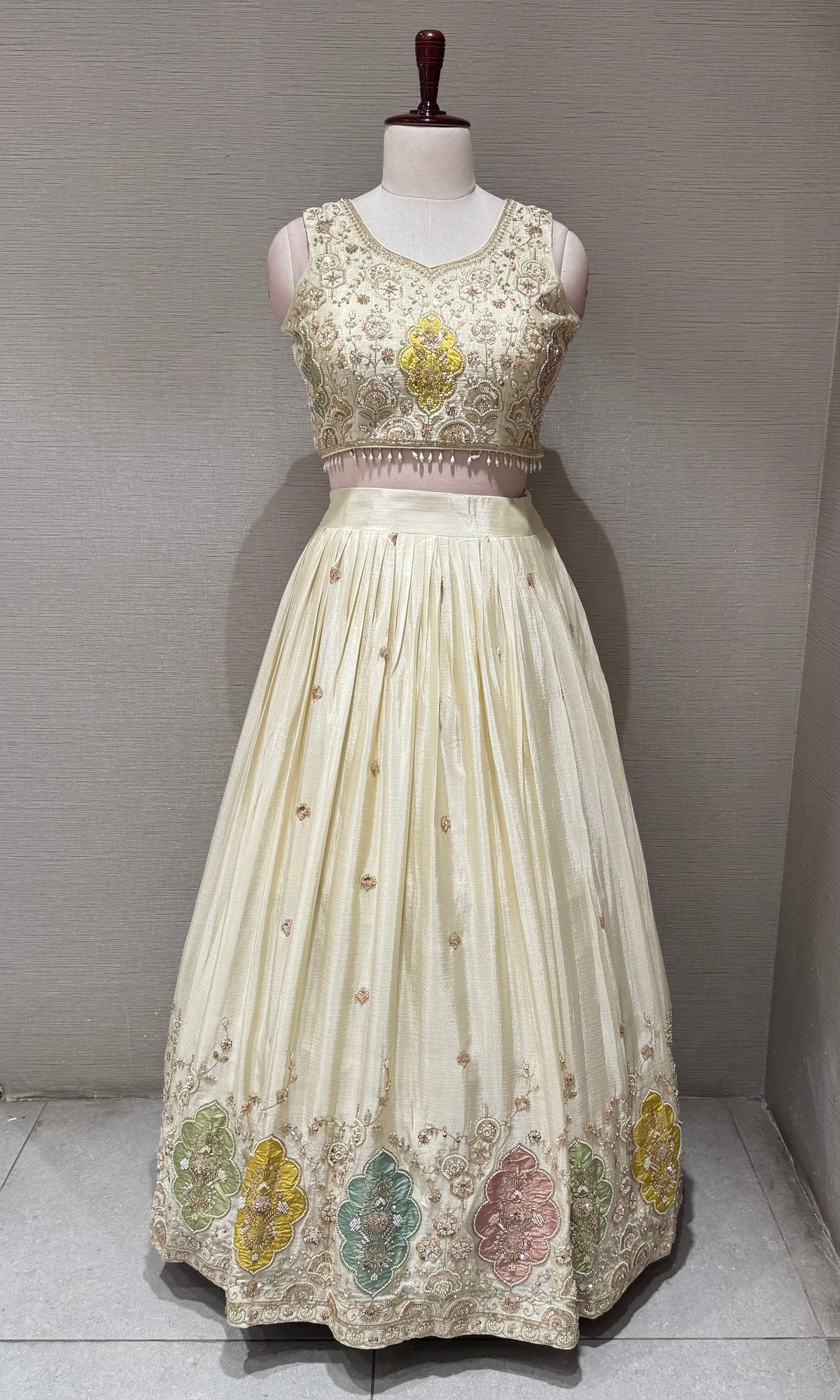 Cream Tissue silk Lehenga with Multi Floral border