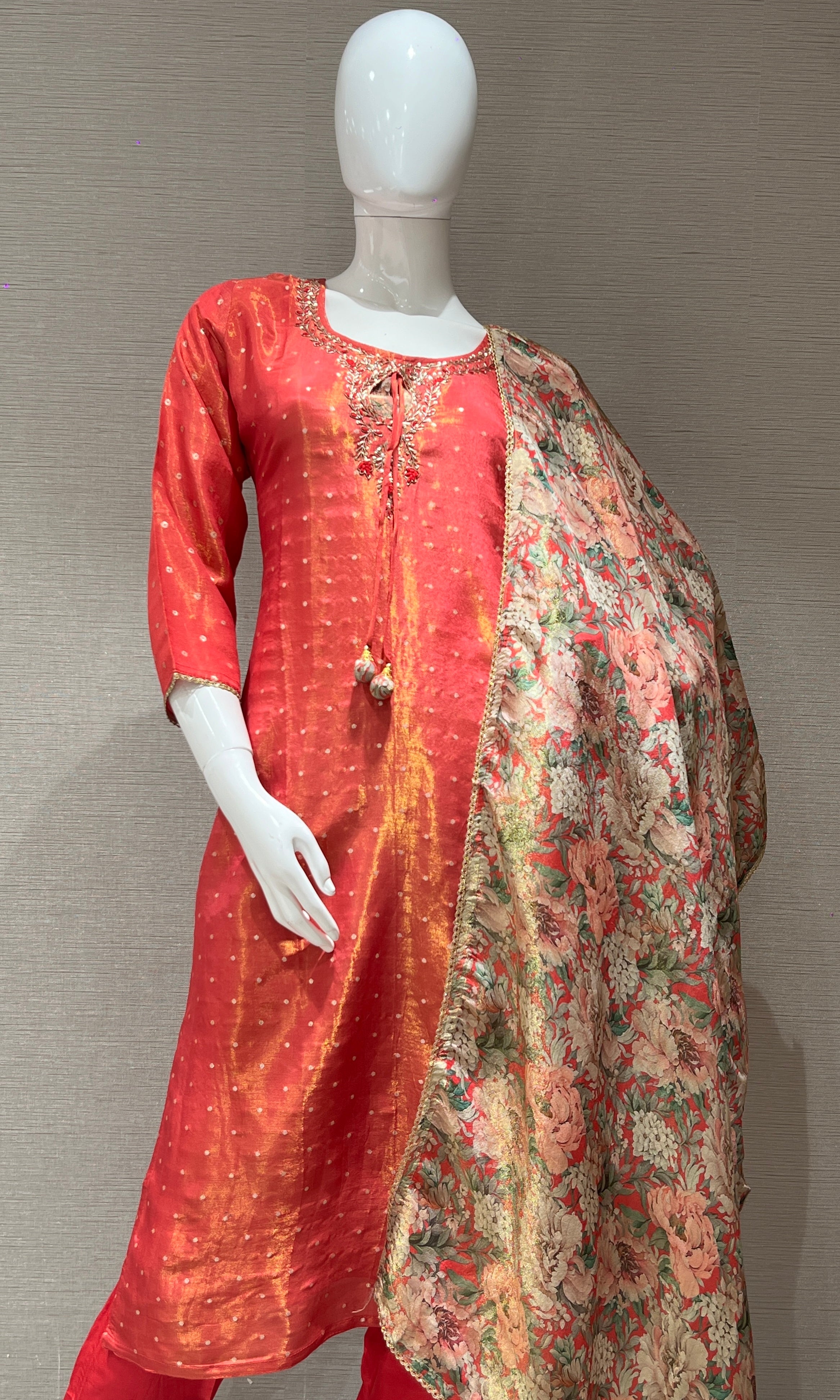 Pink shimmer tissue kurta set