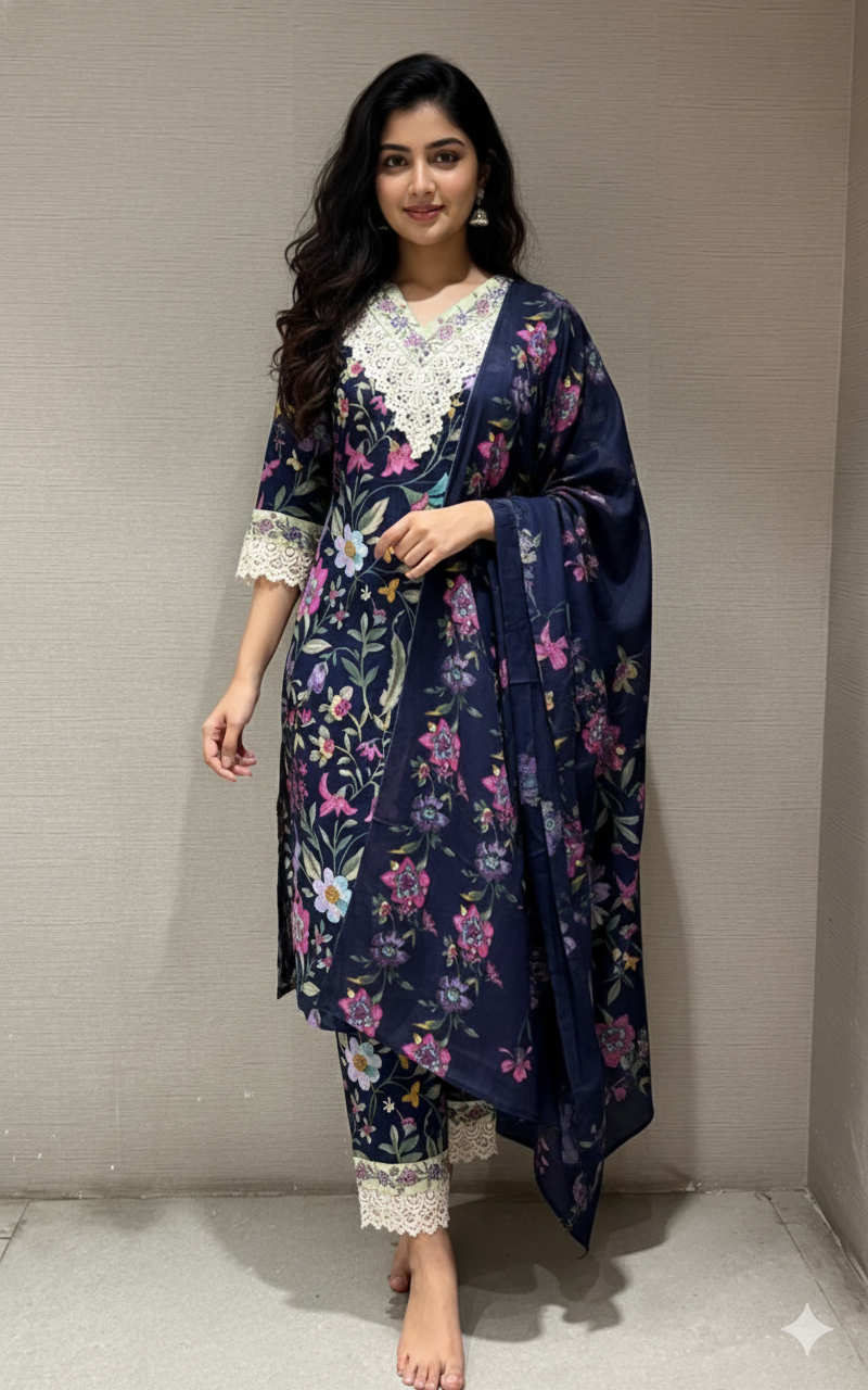 Blue FLORAL PRINTED EMBROIDERED kurta set