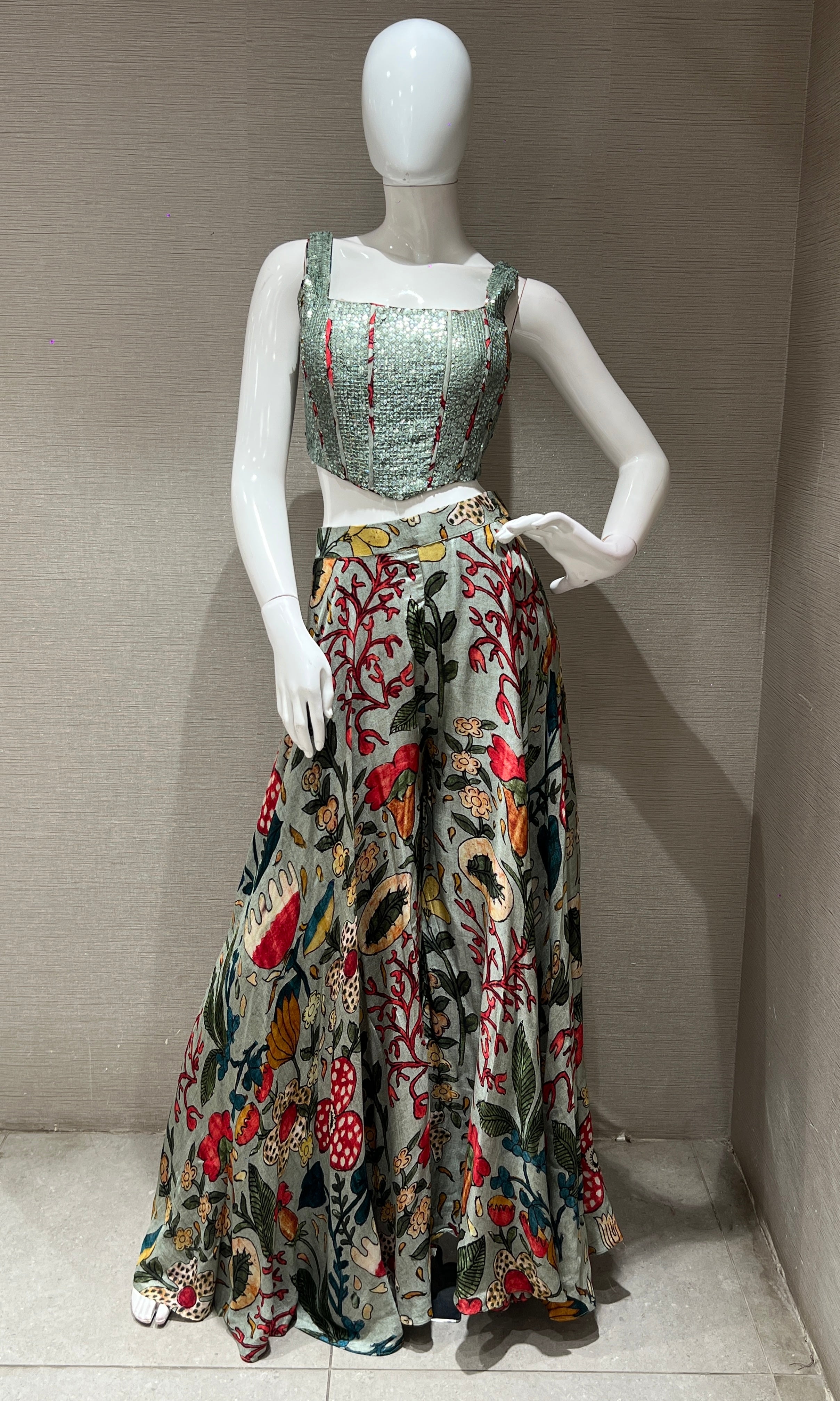 Green floral print palazzo with cape