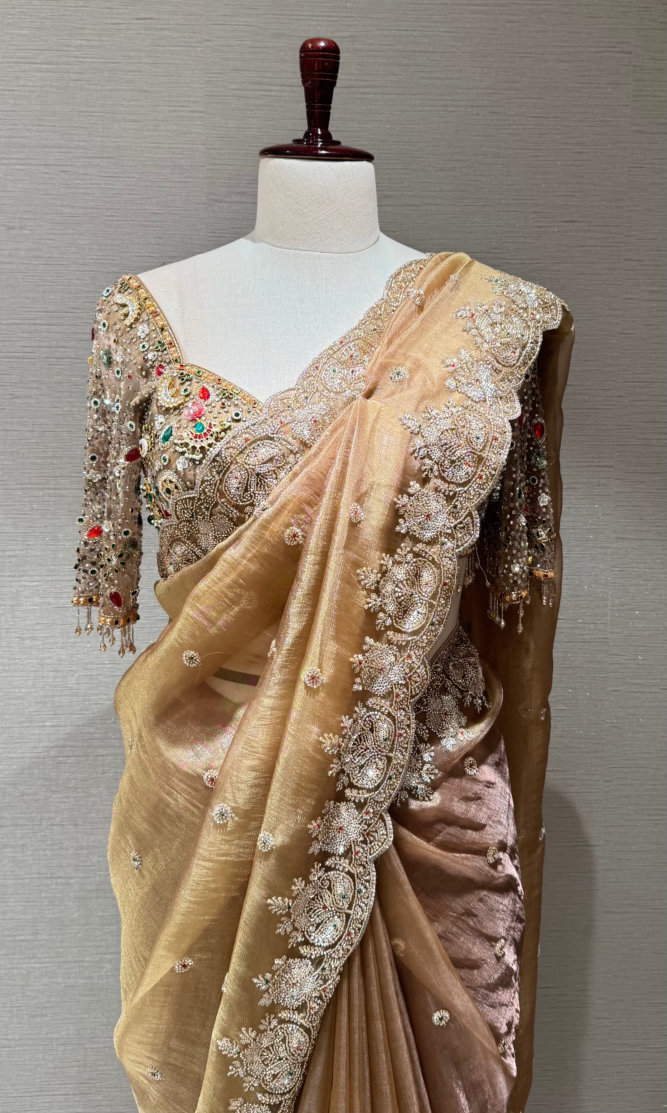beige net designer saree with embroidered blouse