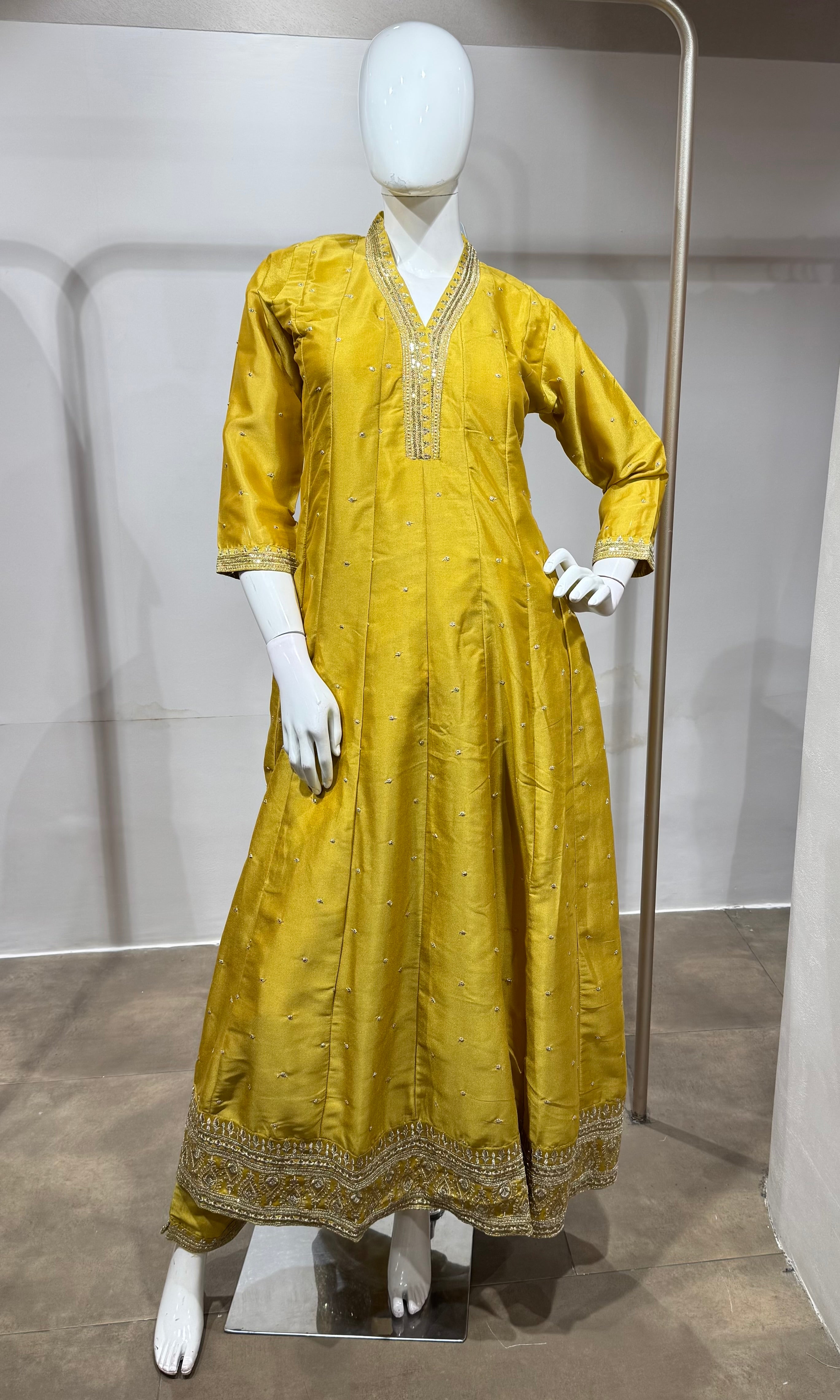 mustard yellow Silk Anarkali Set