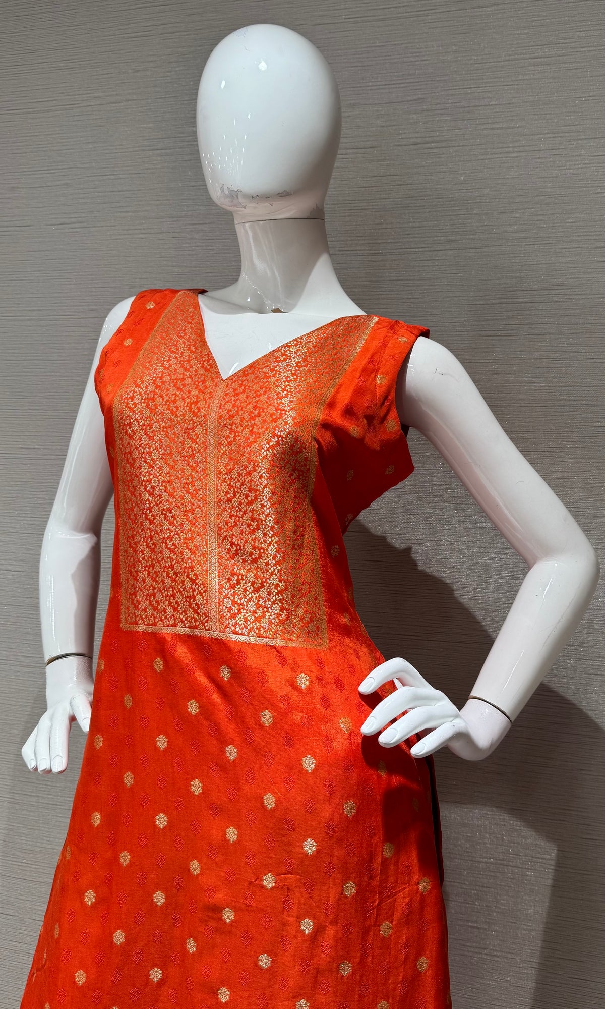 Orange Banarasi silk Kurta set with Golden Border dupatta