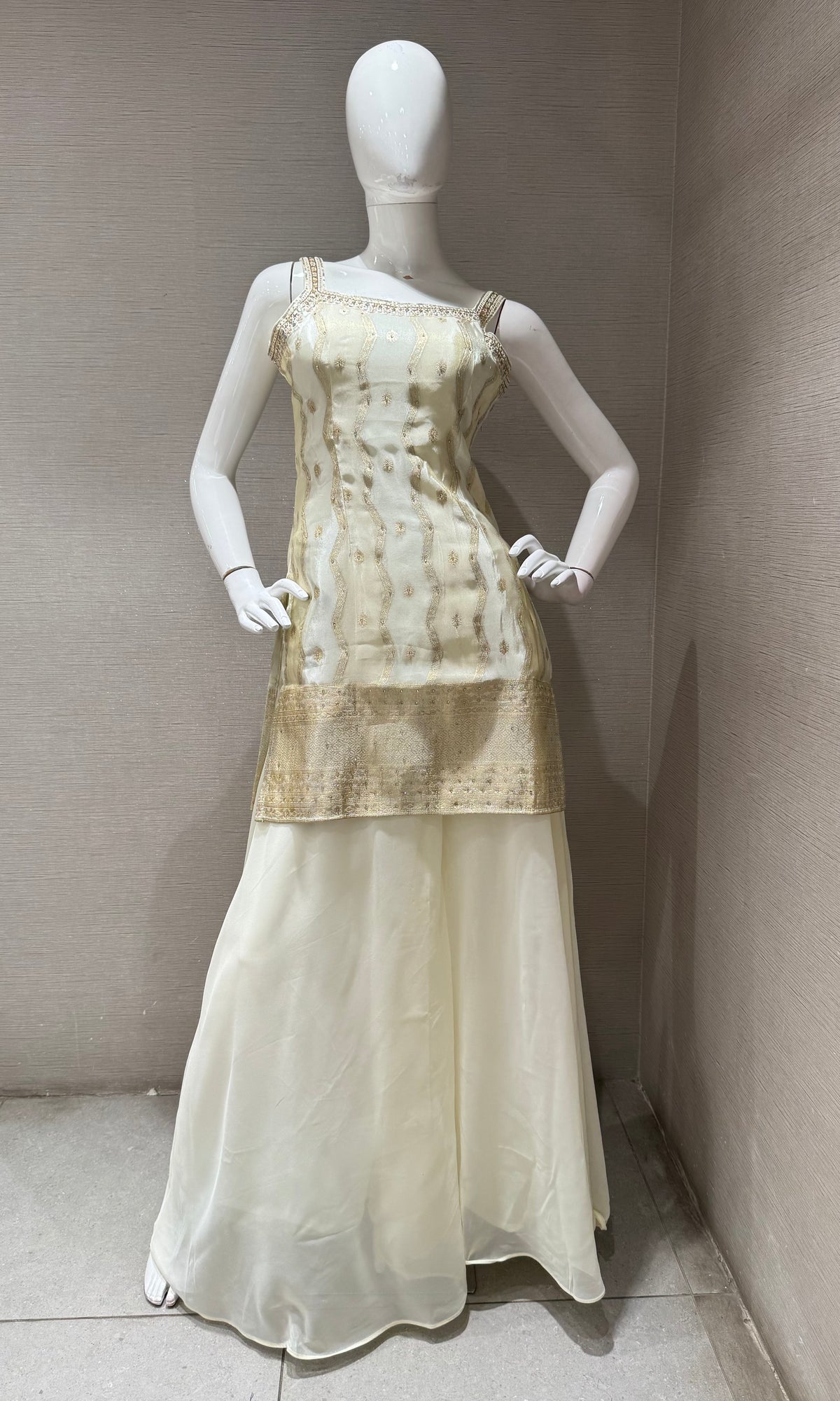 Cream Golden Embroidered Sharara set with Dupatta