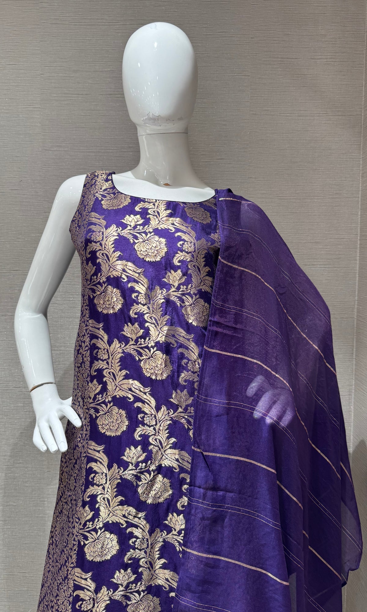 Purple Banarasi Silk Golden Floral Zari kurta set