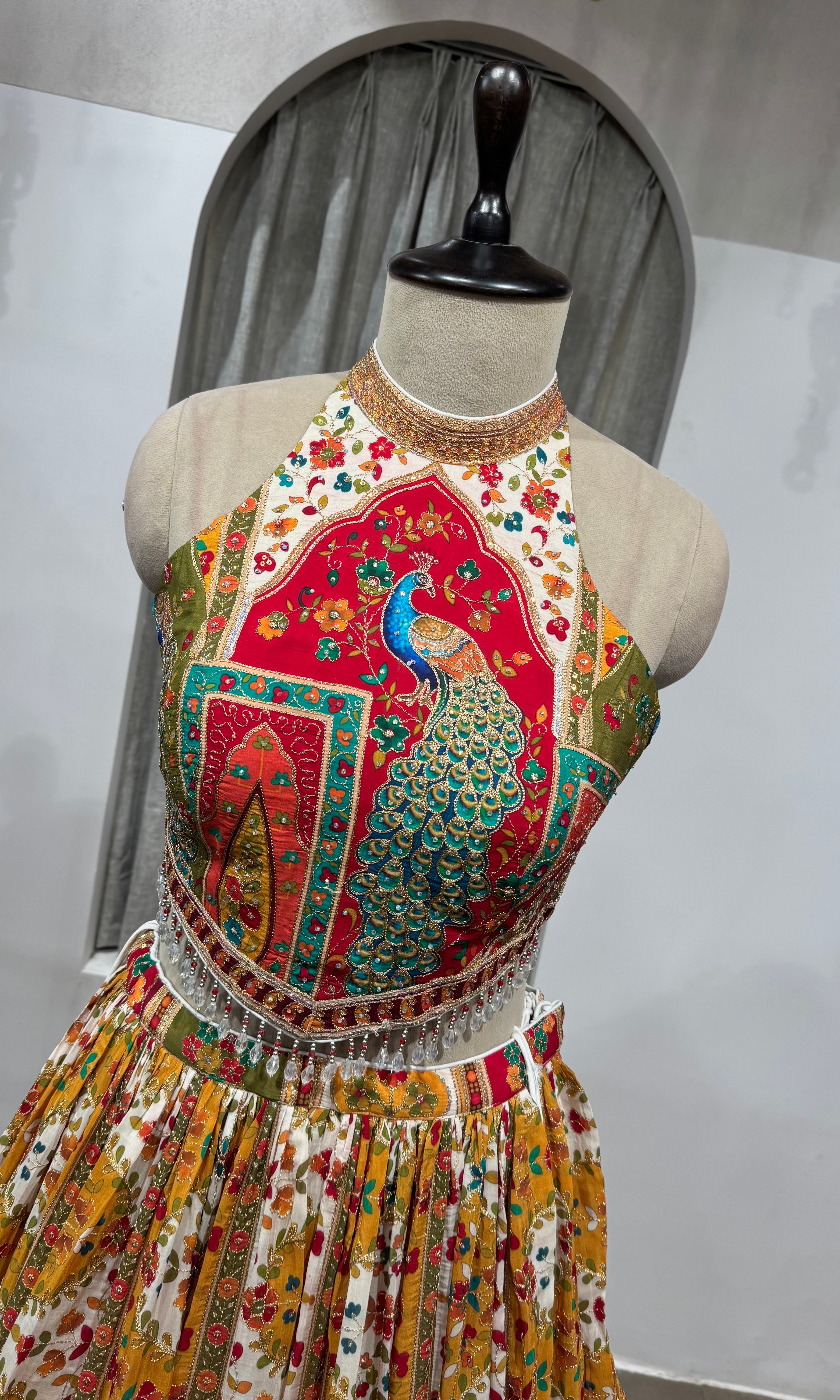 Multicolor Printed halter neck embroidered lehenga