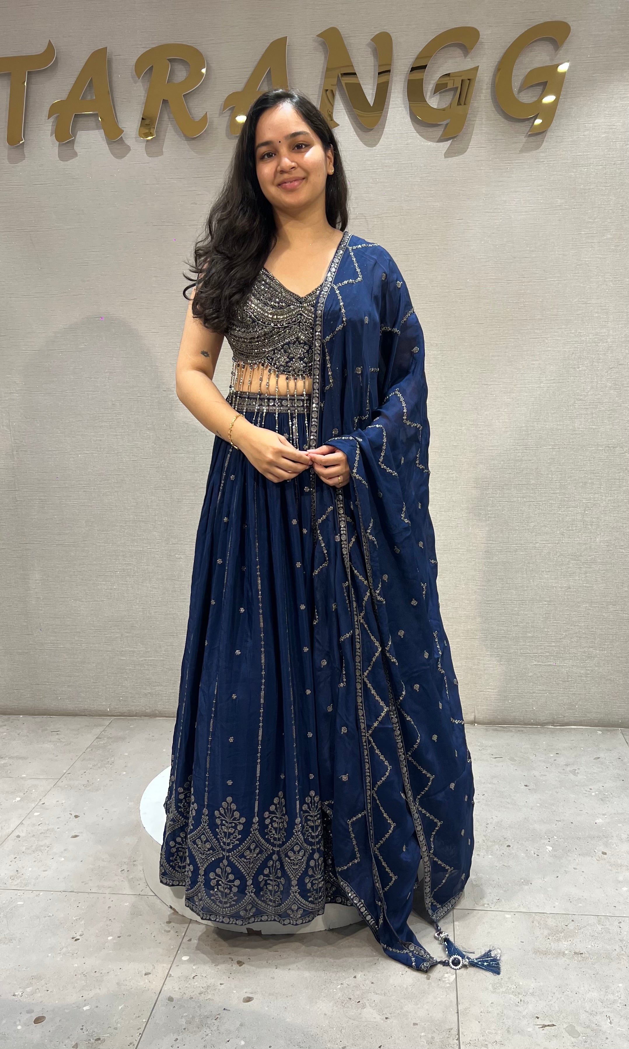 Navy Blue Velvet & Silk Embroidered Ensemble Lehenga