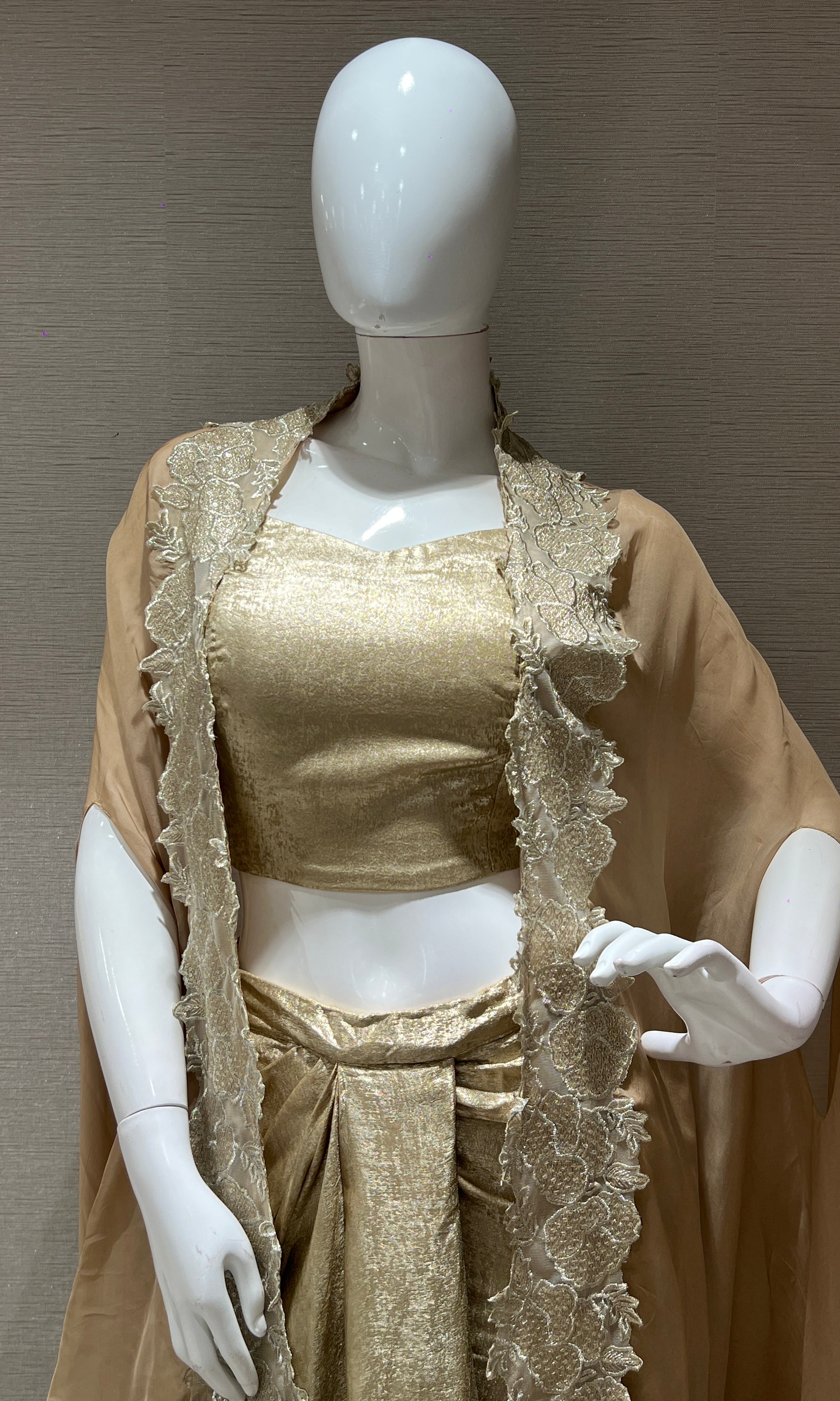 BEIGE RUFFLE DRAPE 3 PIECE INDO WESTERN DRESS