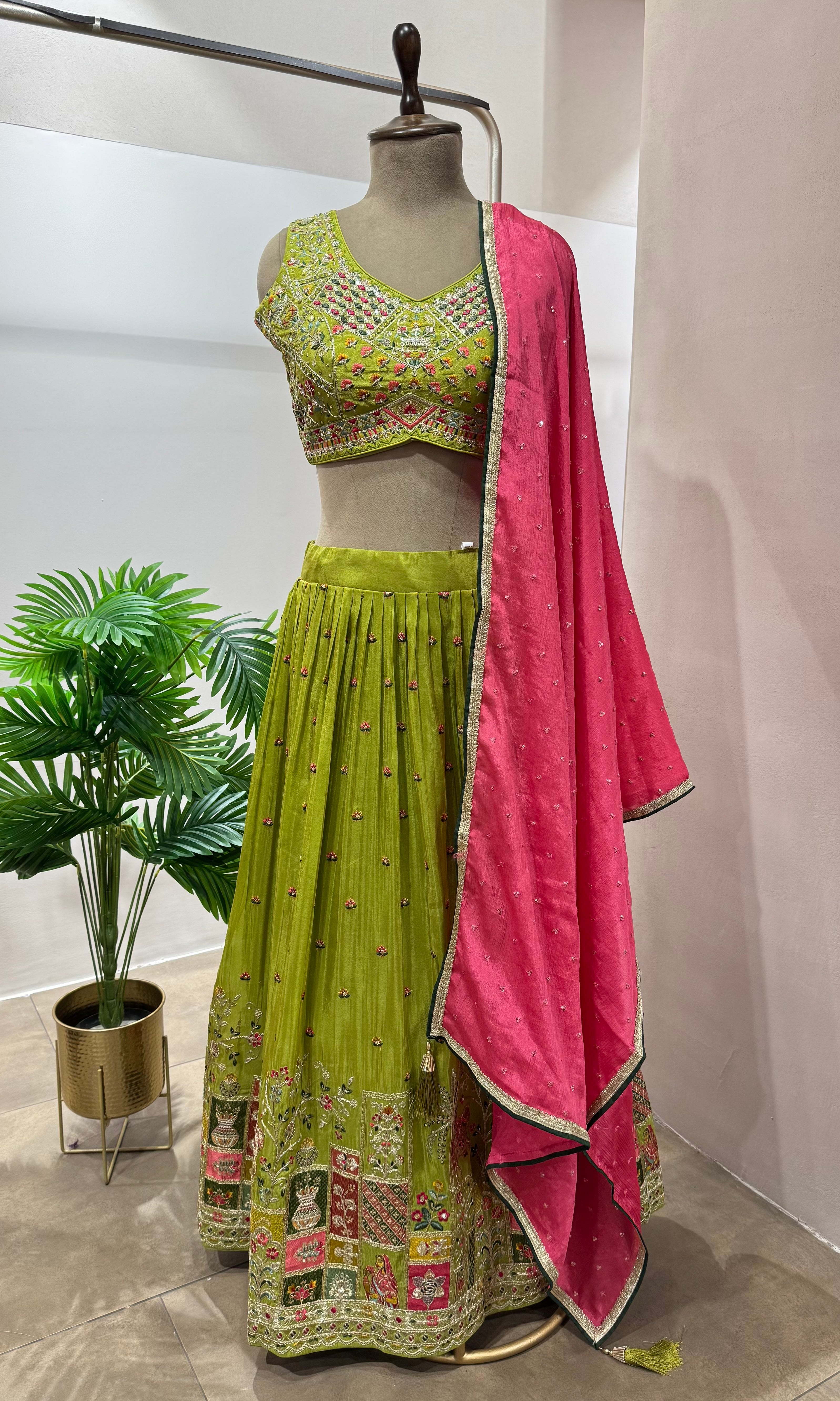 Green AND PINK INTRICATE EMBROIDERY lehenga