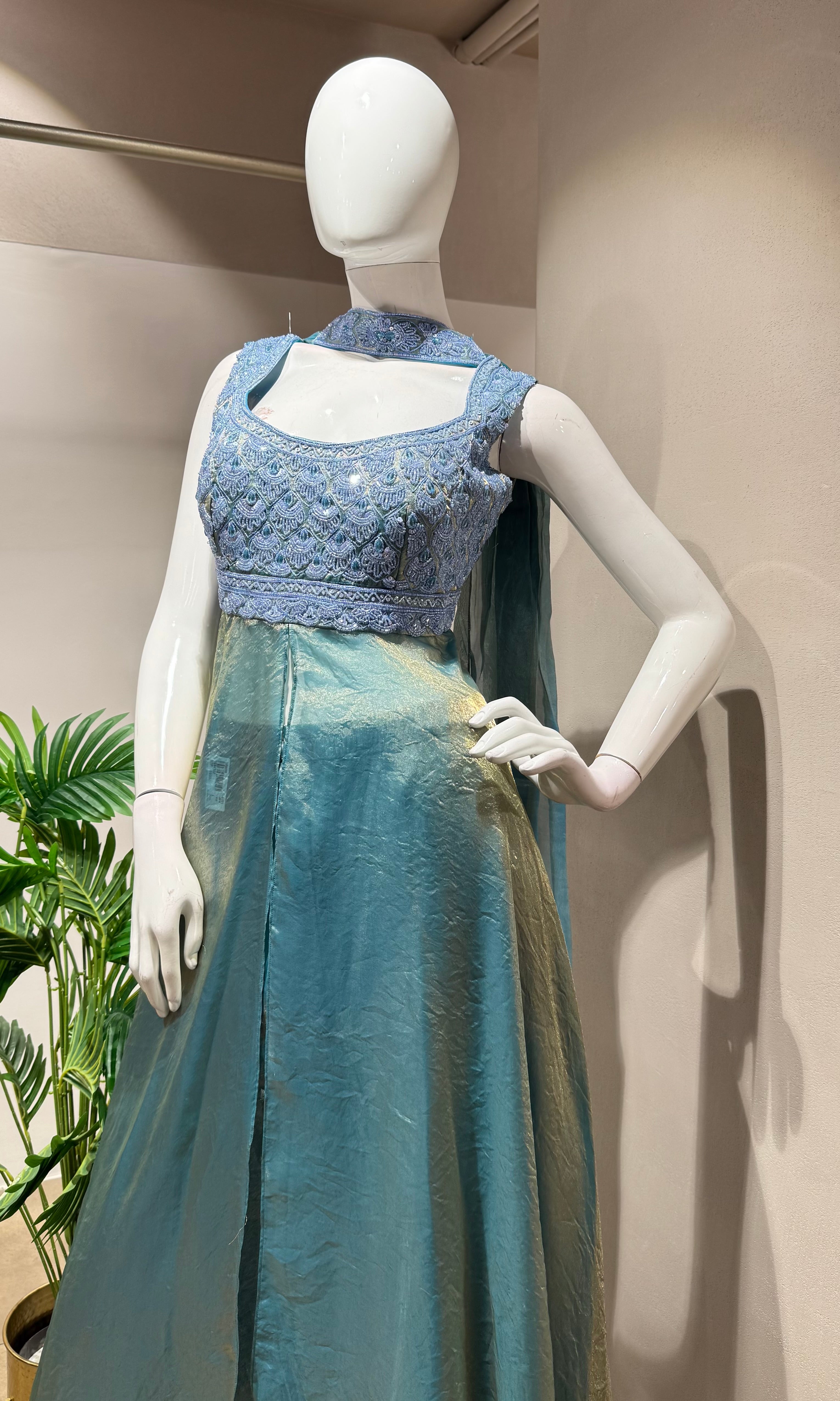 SEA BLUE A LINE SHIMMER TISSUE PALAZZO SET