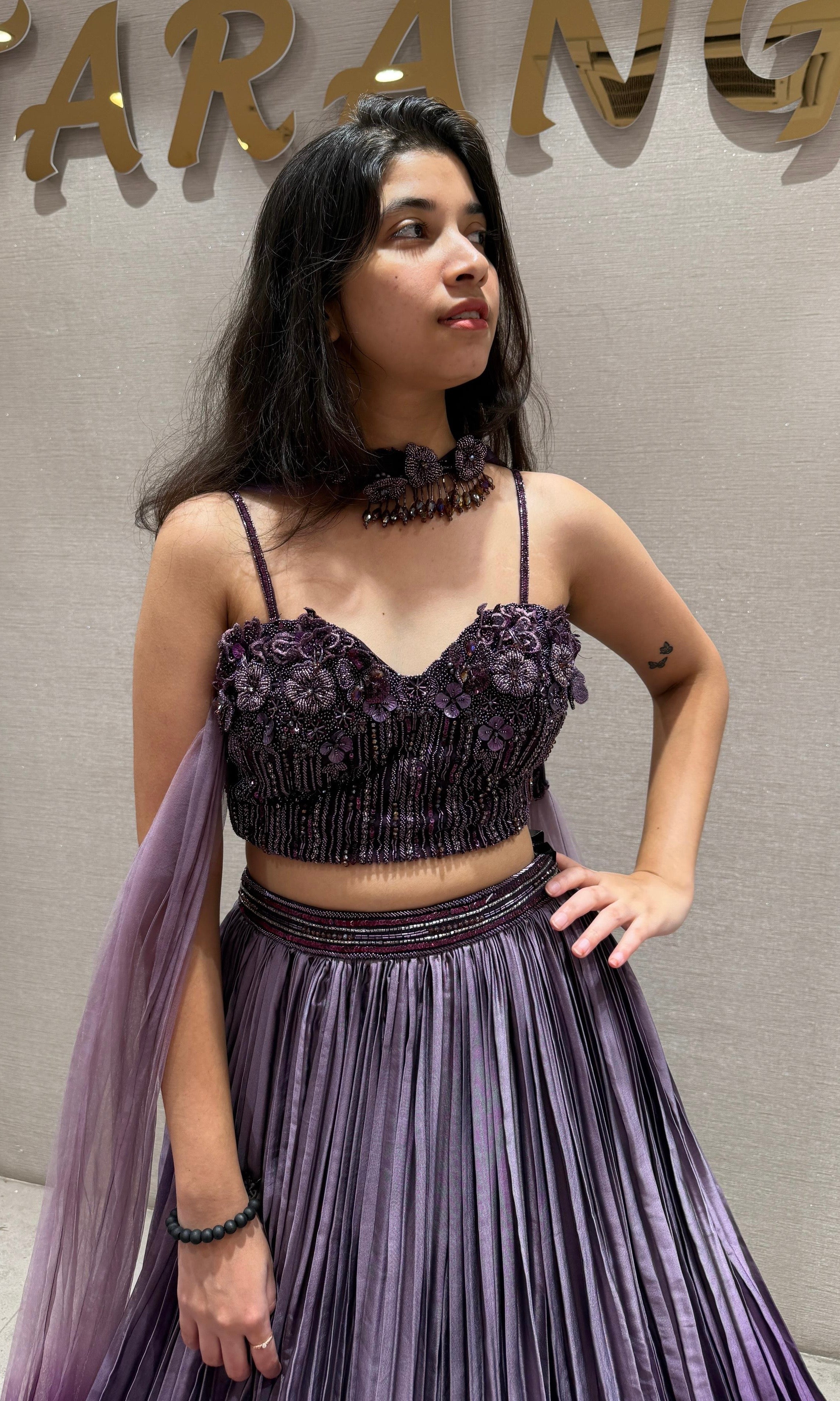 Purple Plum Embellished Blouse Pleated Lehenga