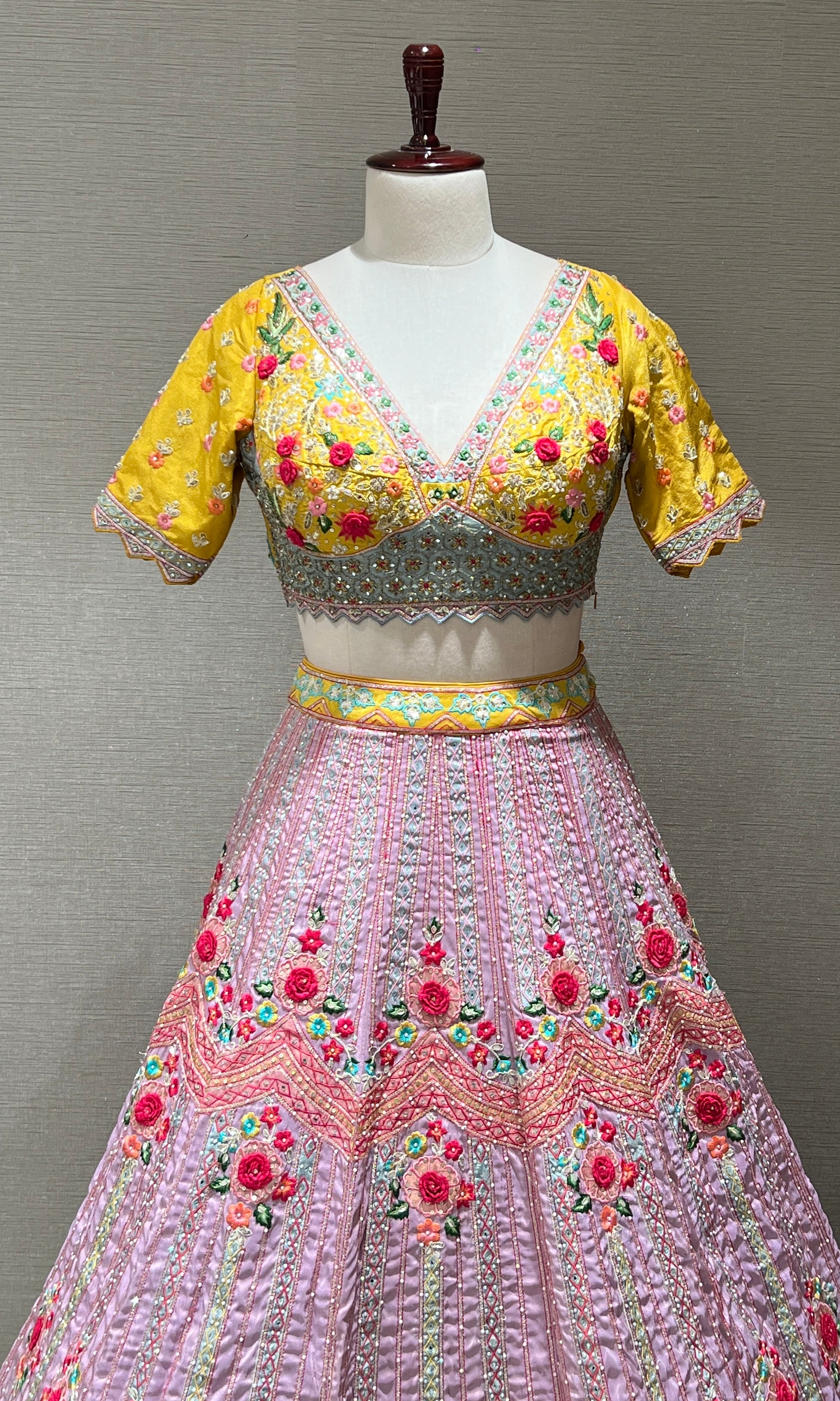 Lilac and Yellow Floral Embroidered Lehenga