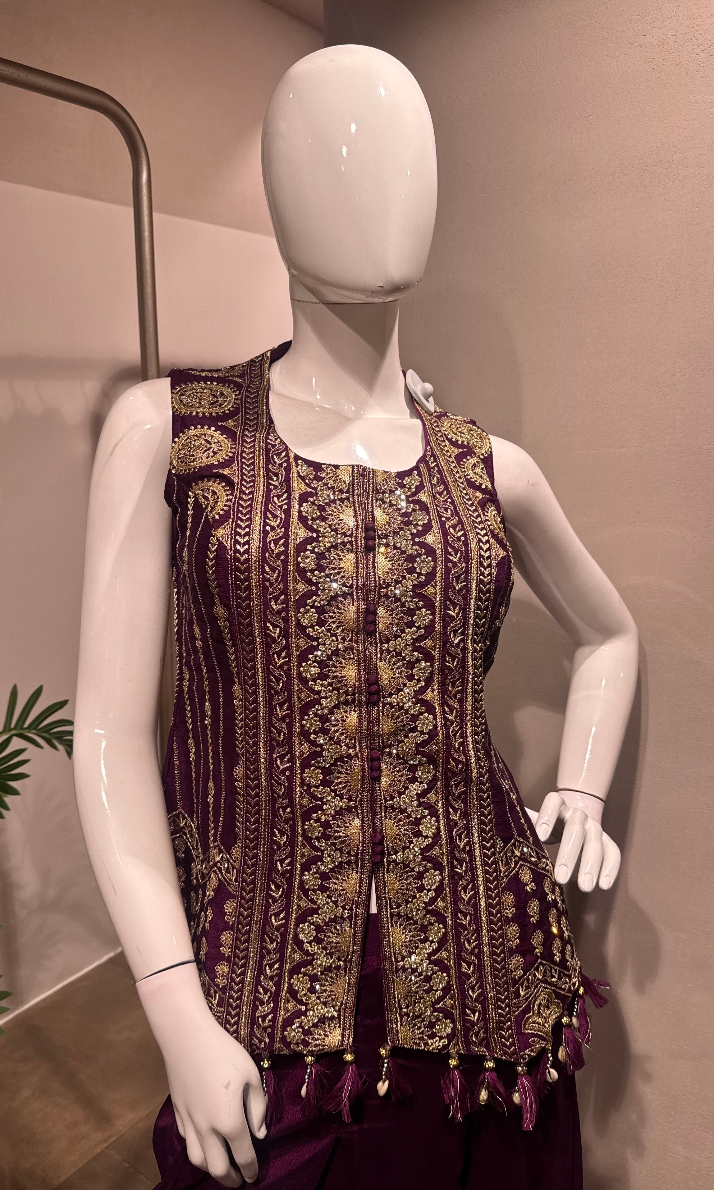 Wine Embroidered Indo-Western Palazzo set