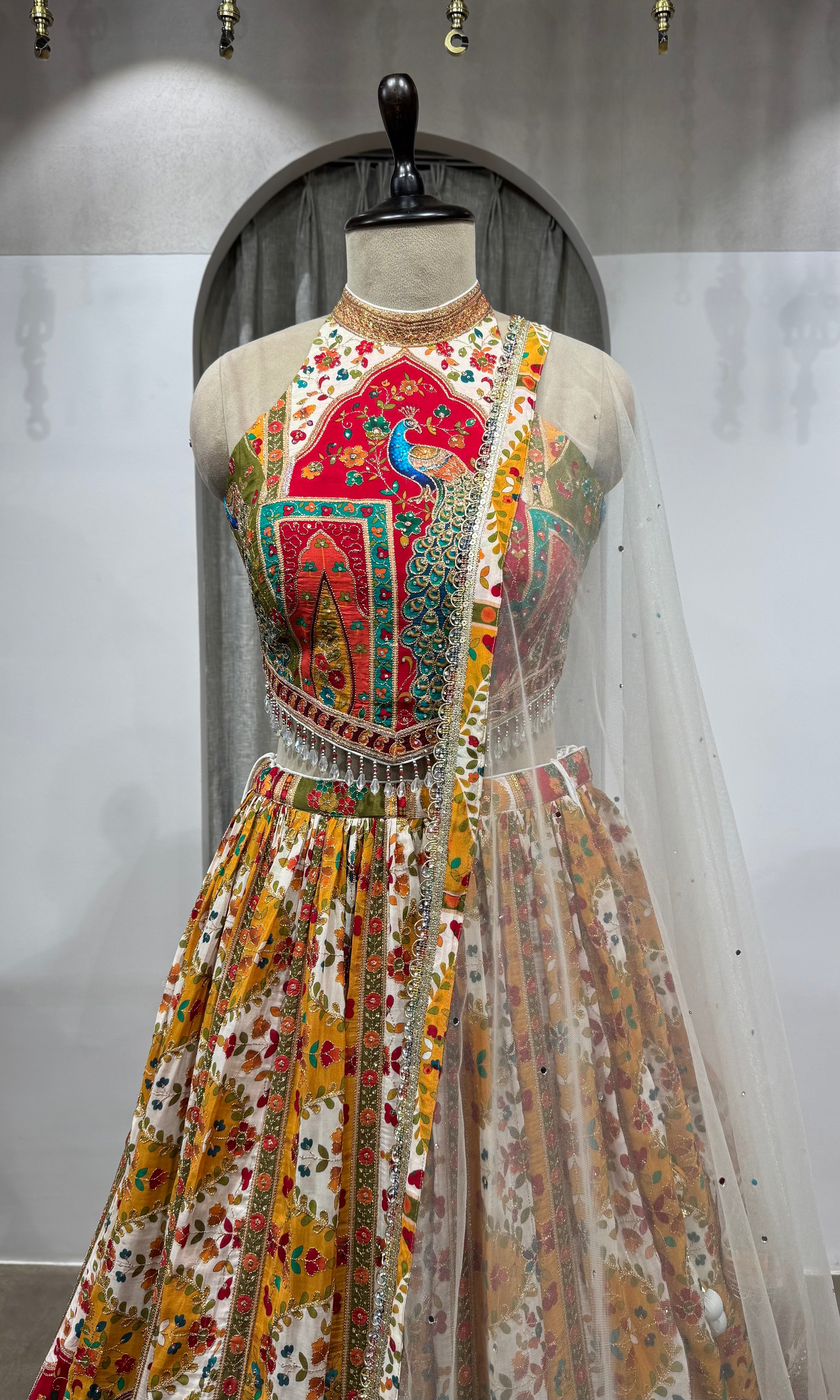 Multicolor Printed halter neck embroidered lehenga
