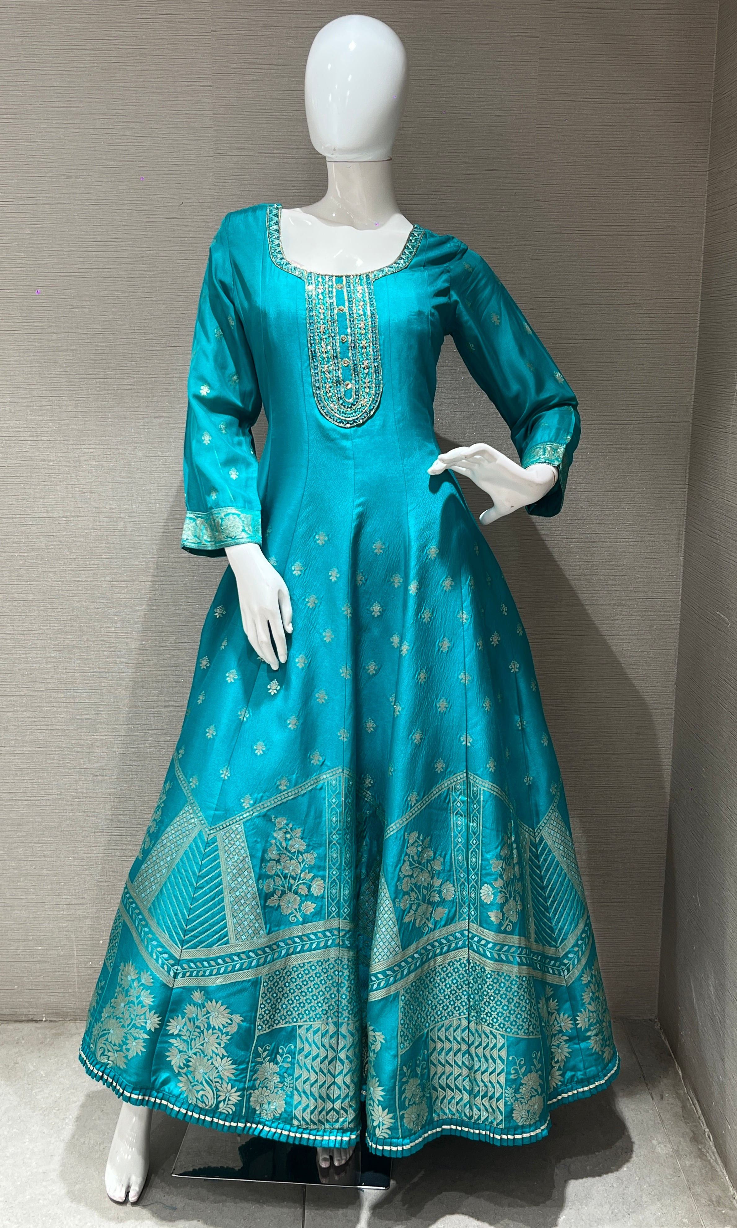 Blue long anarkali with gold embroidered
