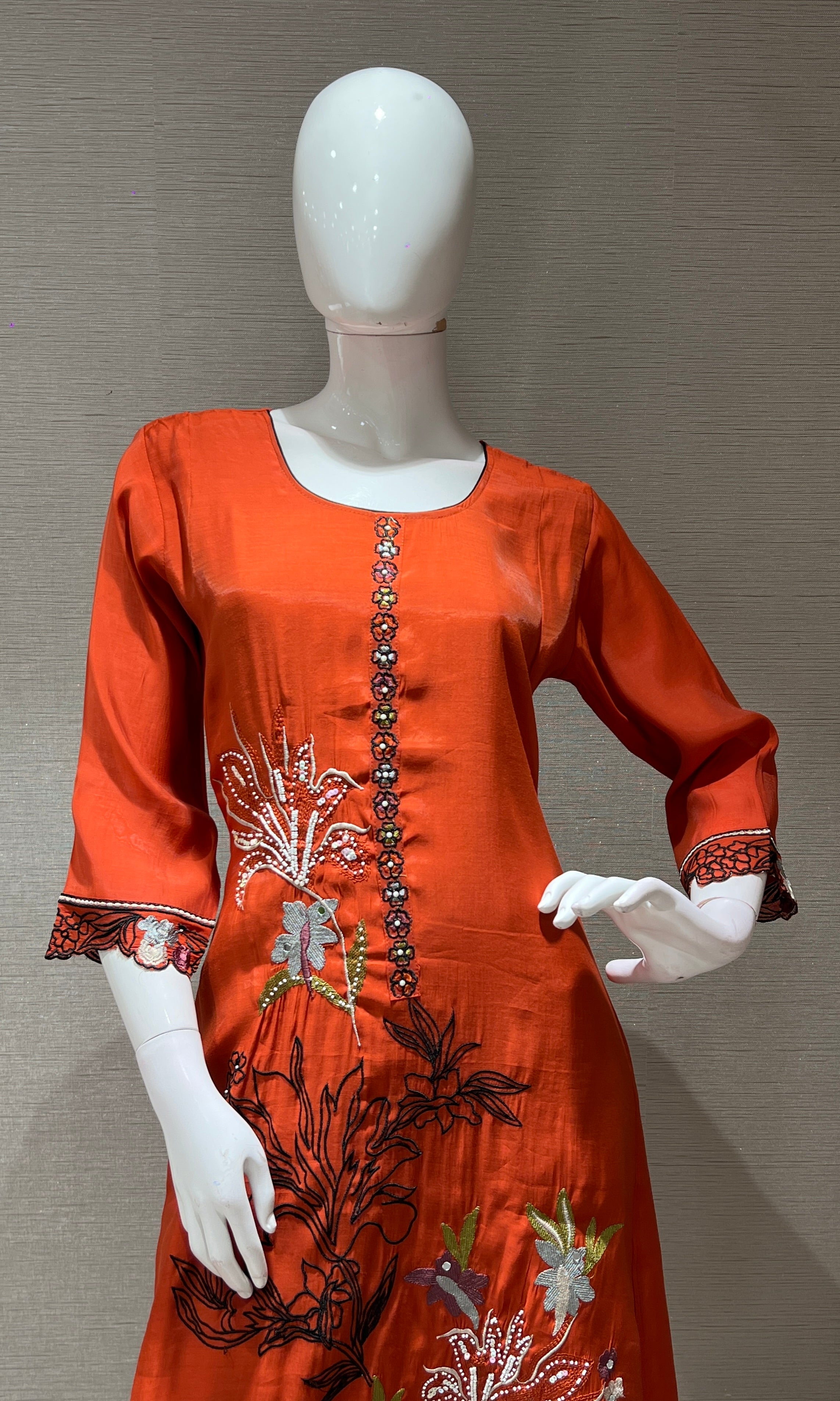 RUST Floral Embellished MUL CHANDERI KURTA SET