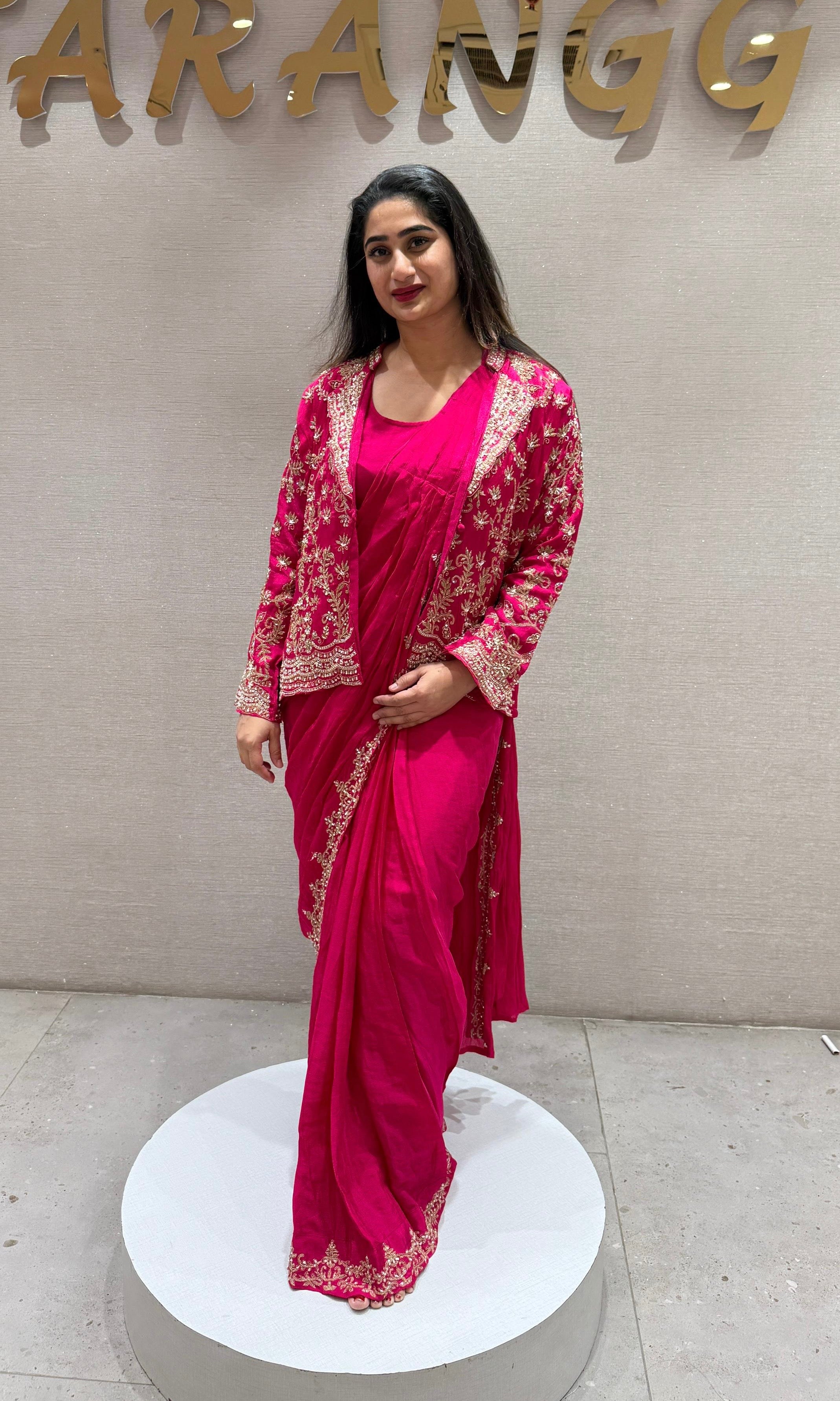 Pink Draped Saree with Embroidered Jacket