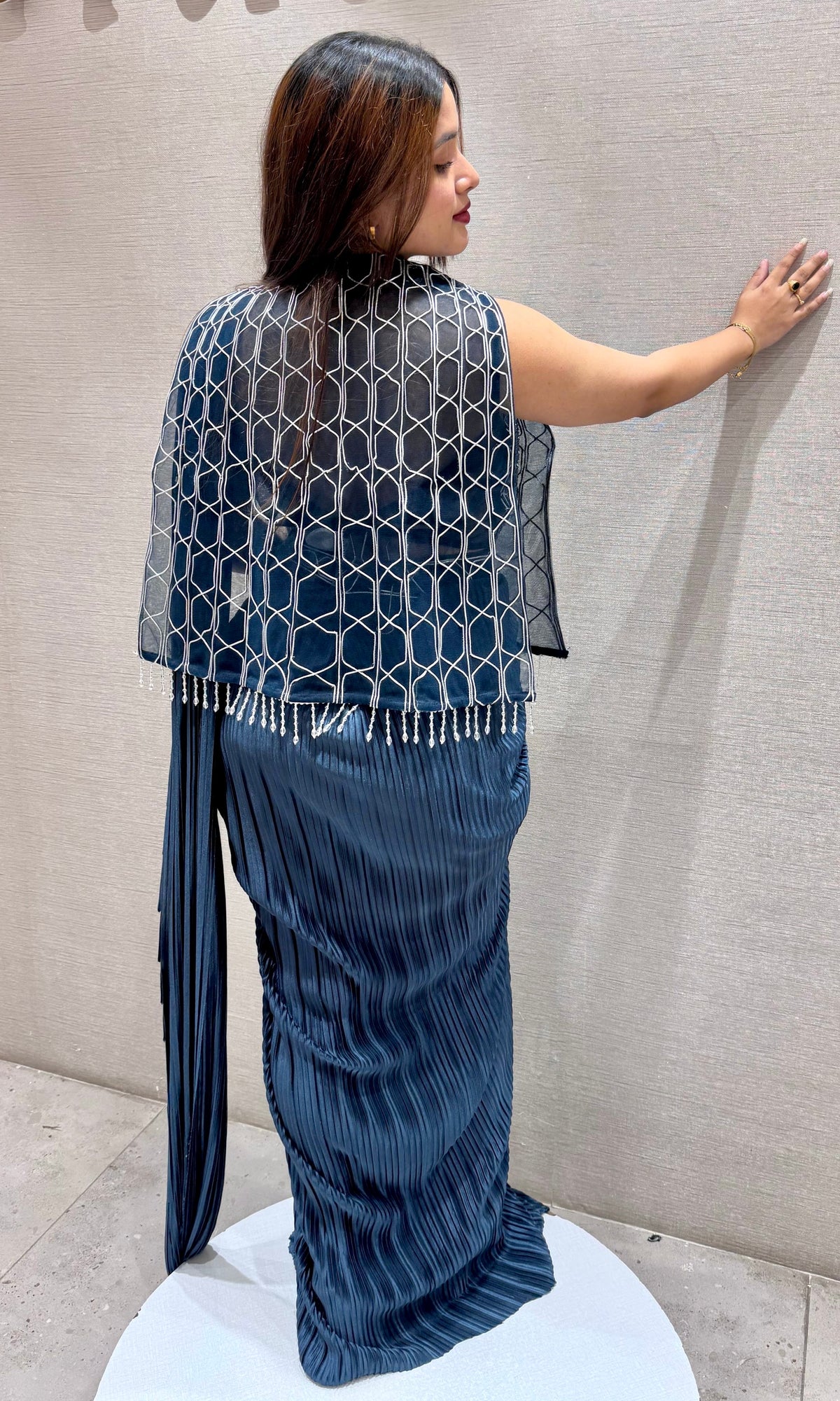 Peacock blue drape saree with Cape
