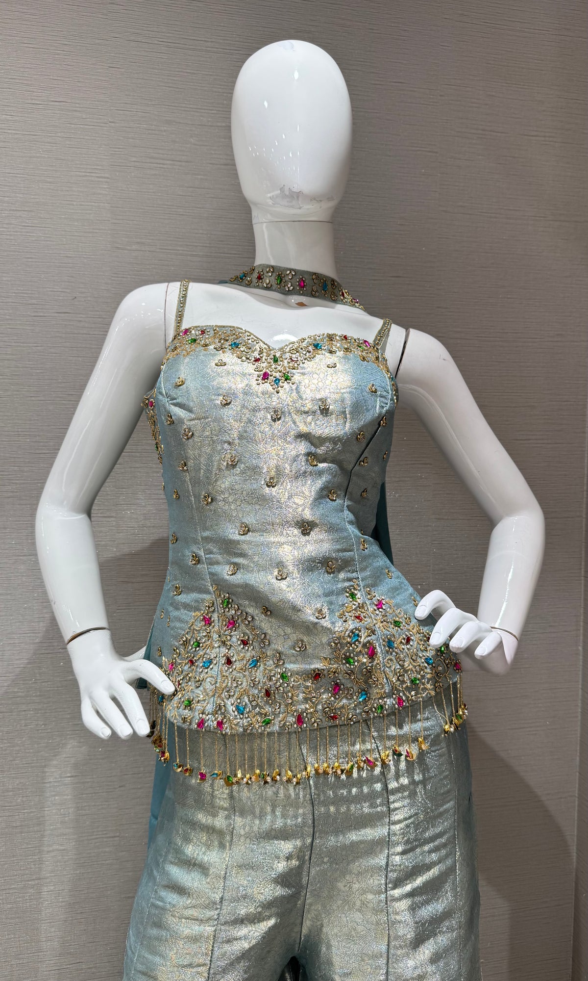 Pista Green Shimmer Corset Top and Stoned Palazzo Set