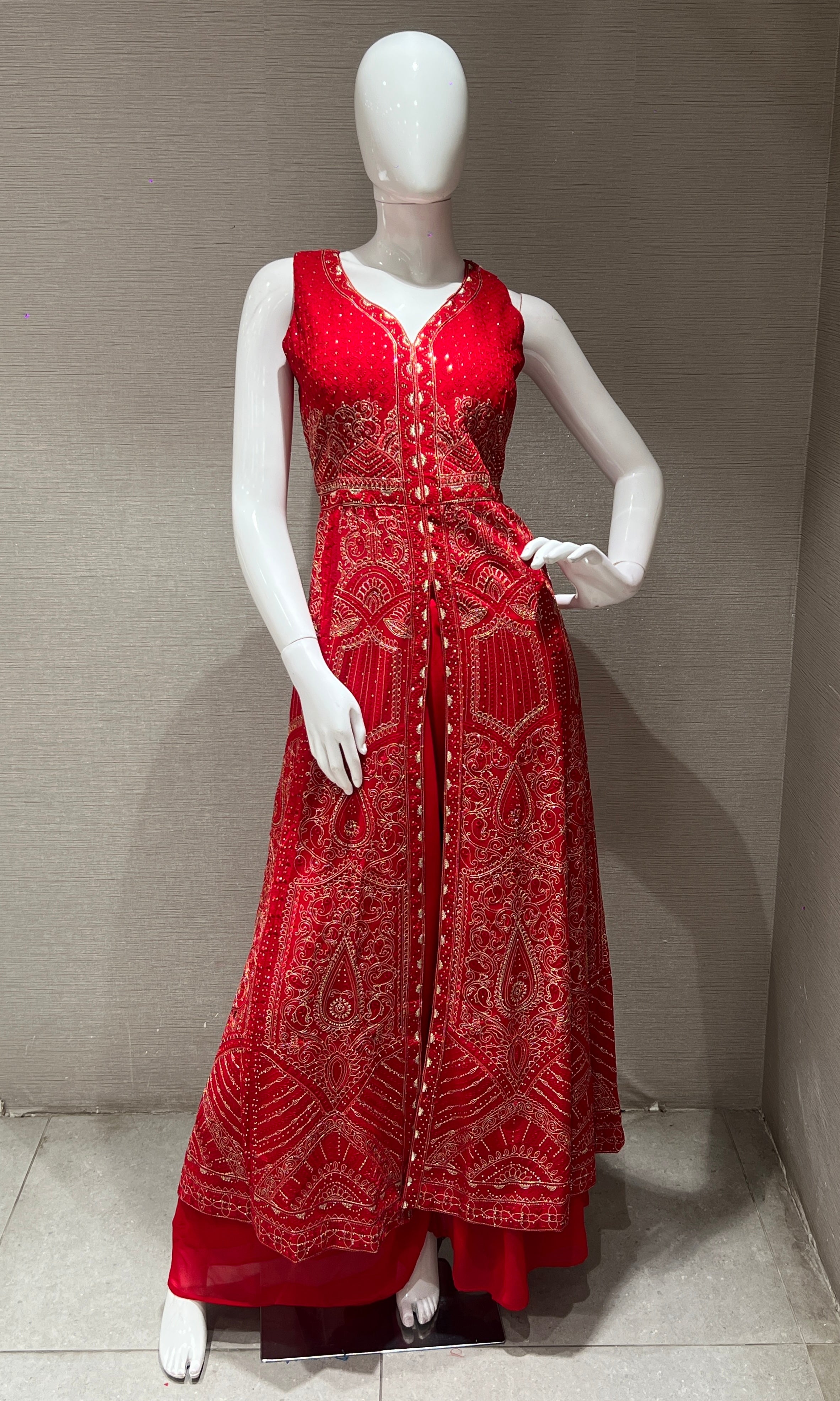 Red front slit Anarkali with palazzo pants