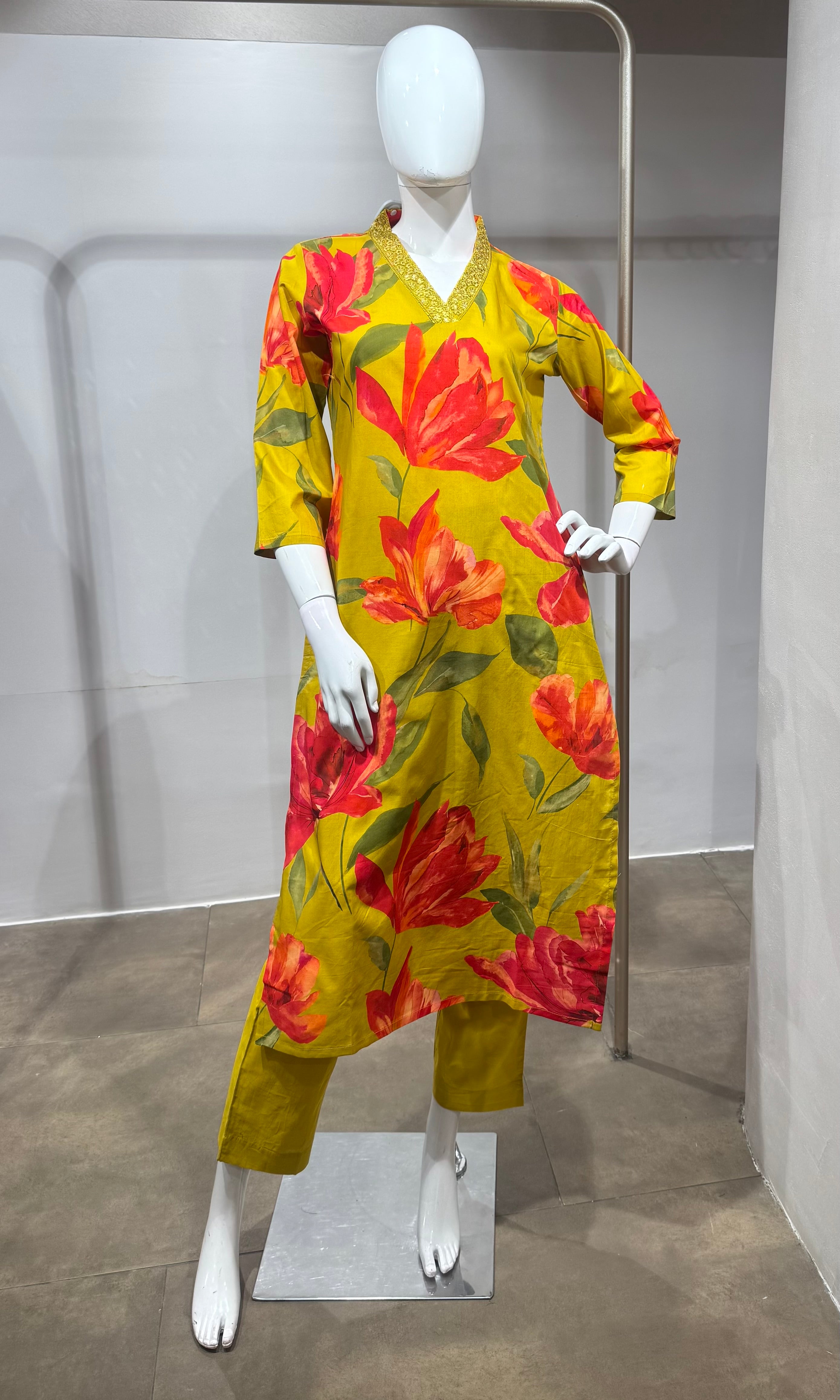Mustard Botanical Printed Kurta Set