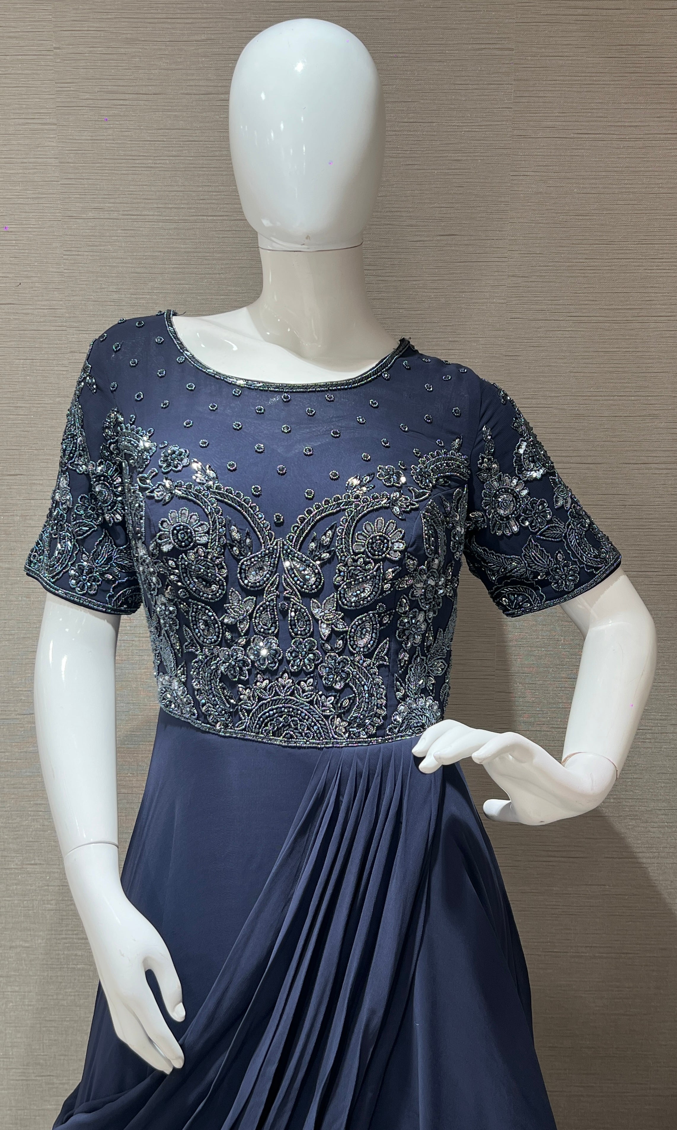 Blue Embellished Drape long dress Gown