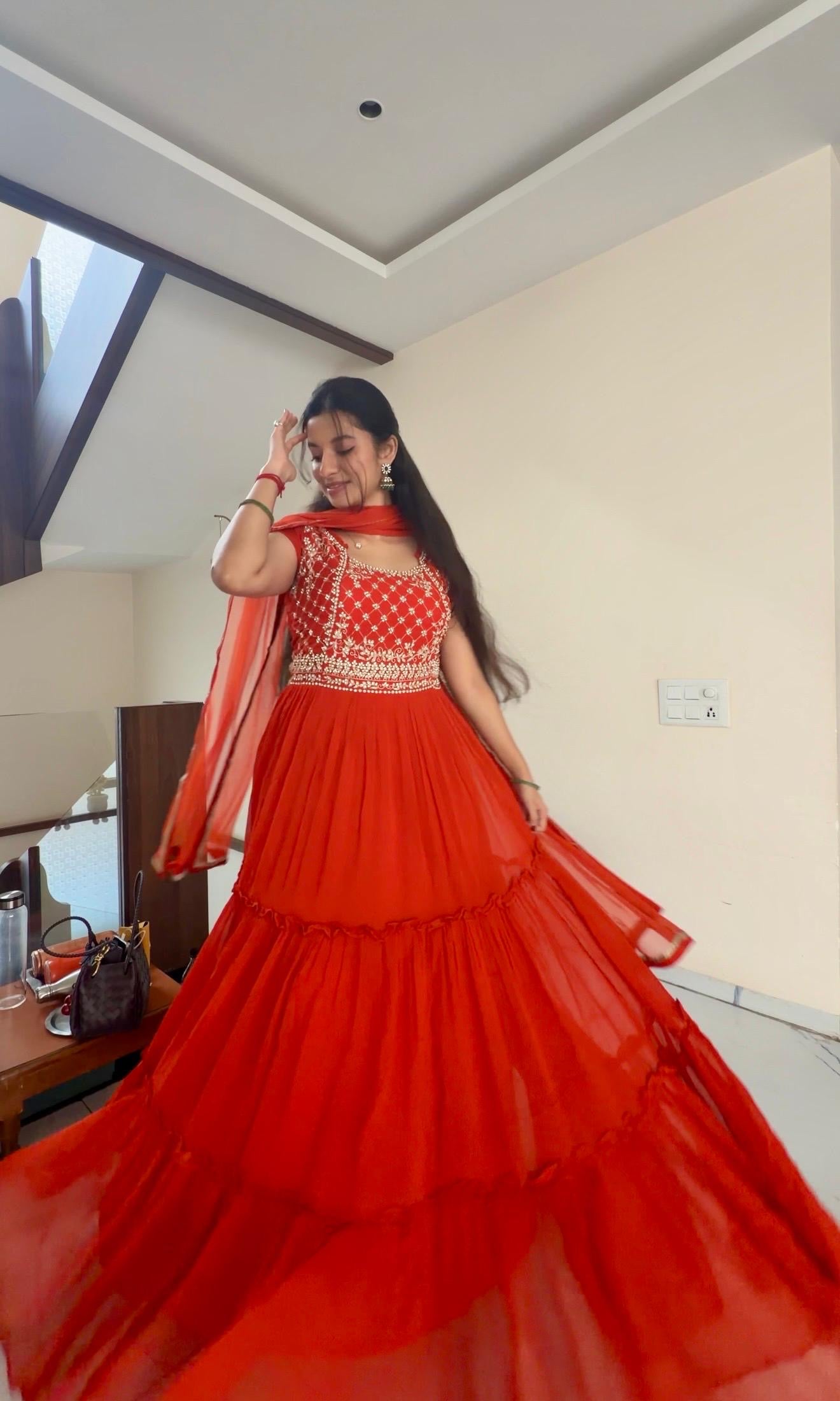 Orange RUFFLE ANARKALI LONG dress