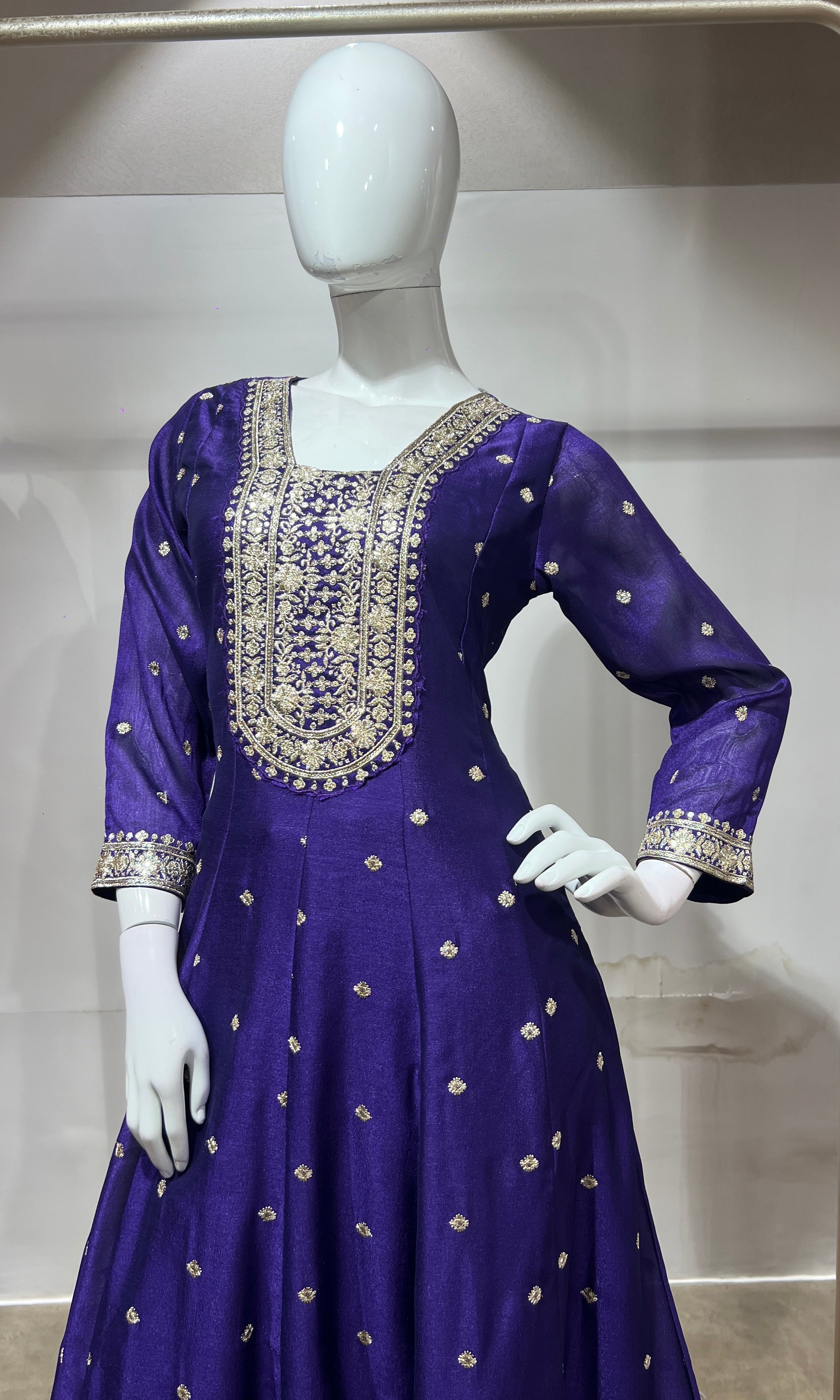 Purple gold embroidered anarkali set