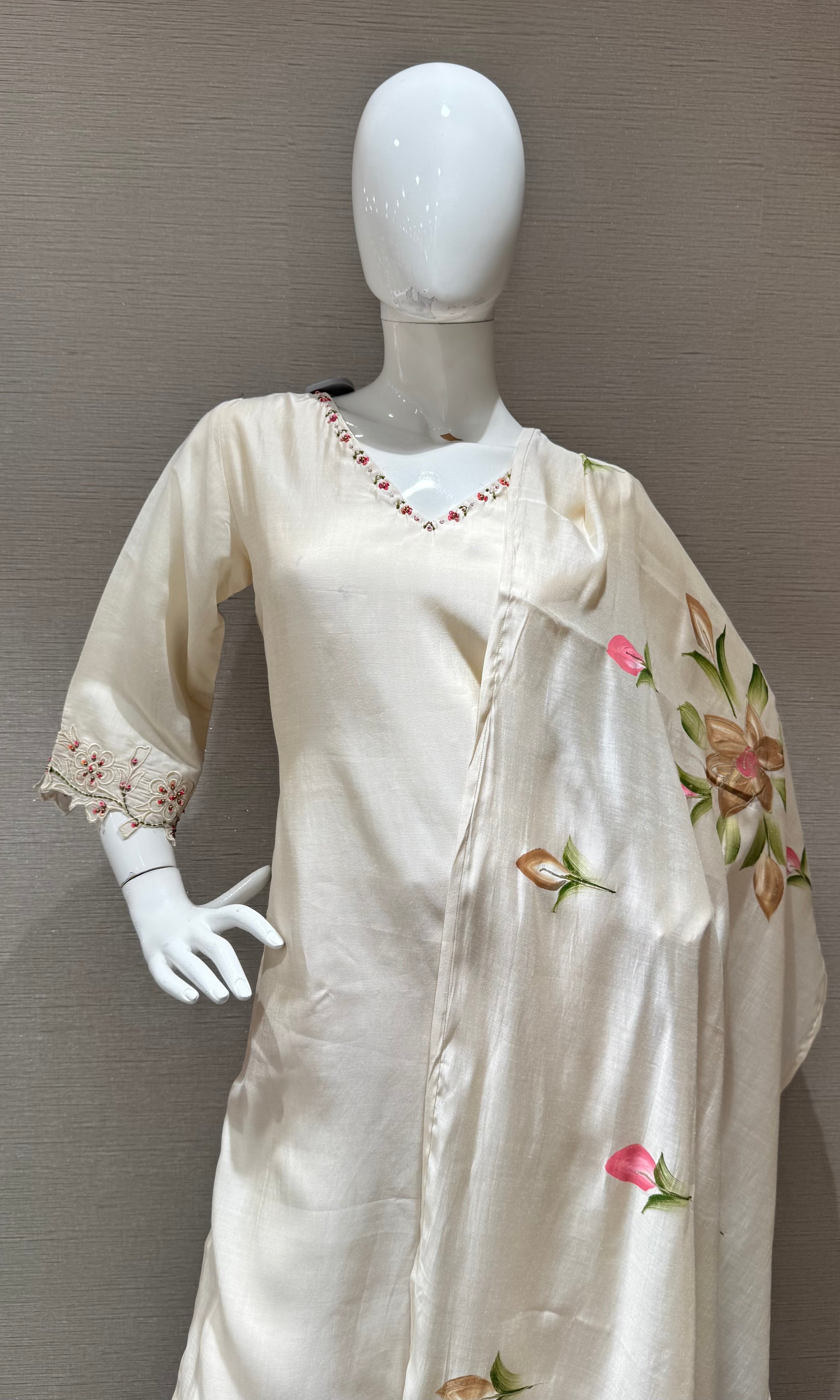 Cream Floral Kaftan Kurta Set