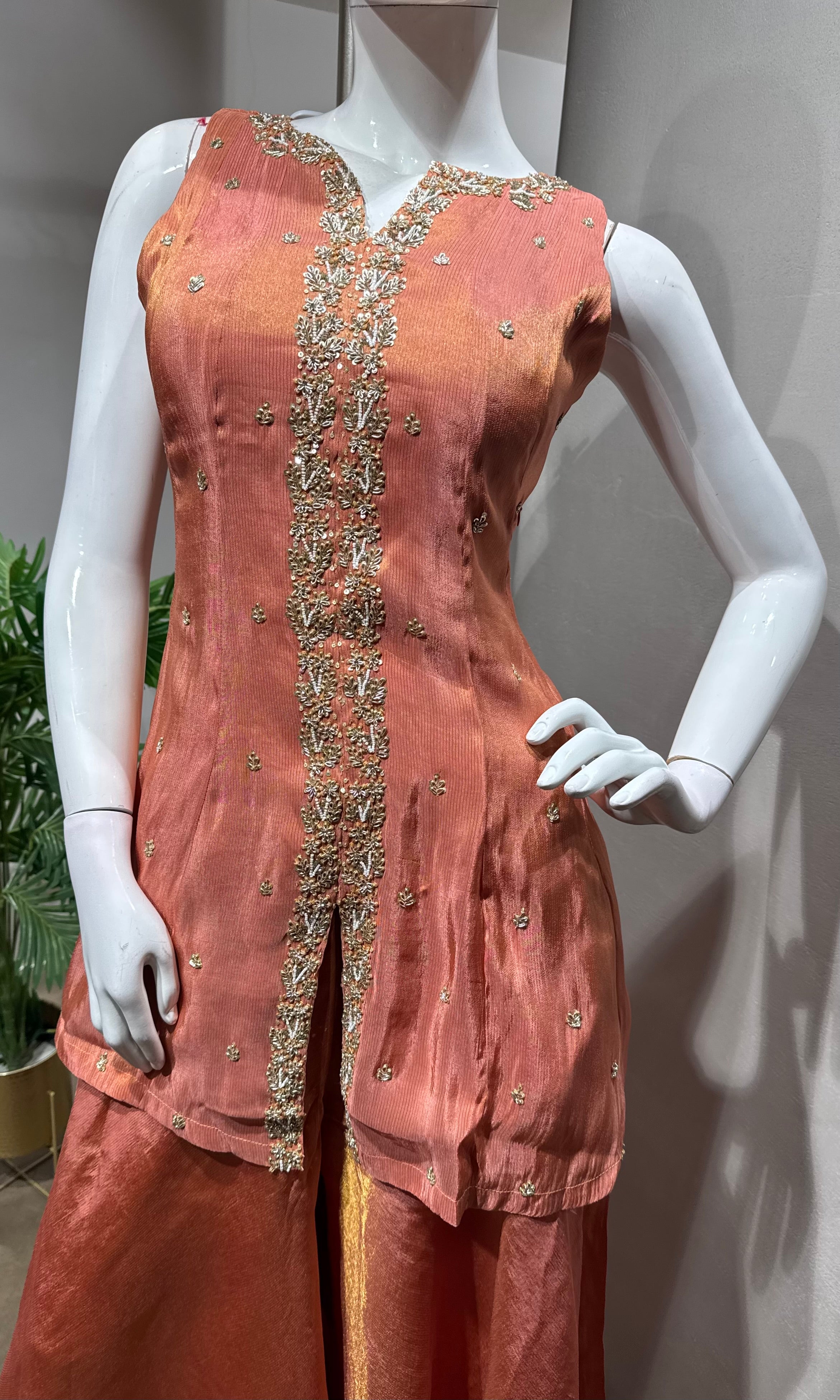 Peach Golden Tissue peplum palazzo Set