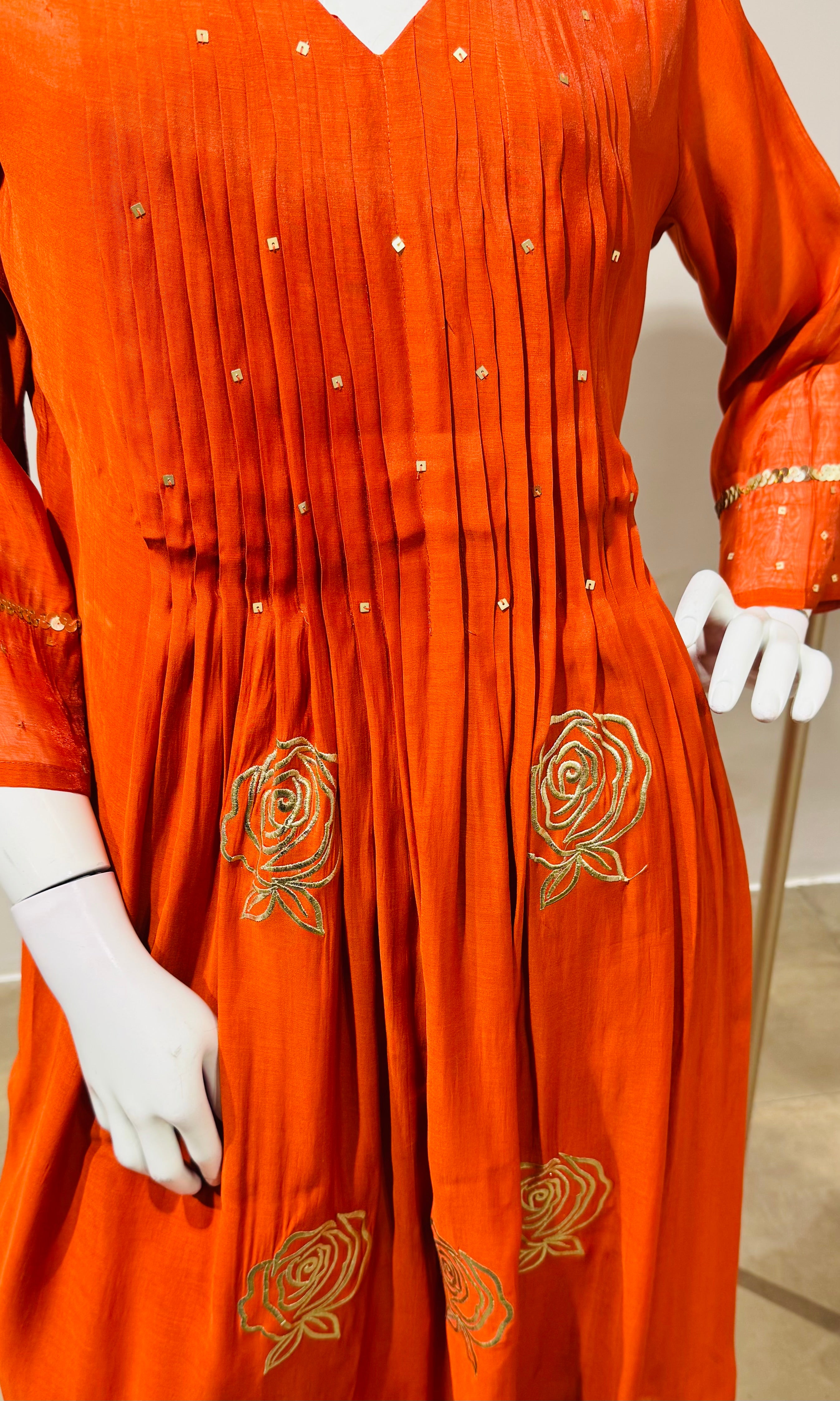 Rust golden floral mul chanderi kurta set