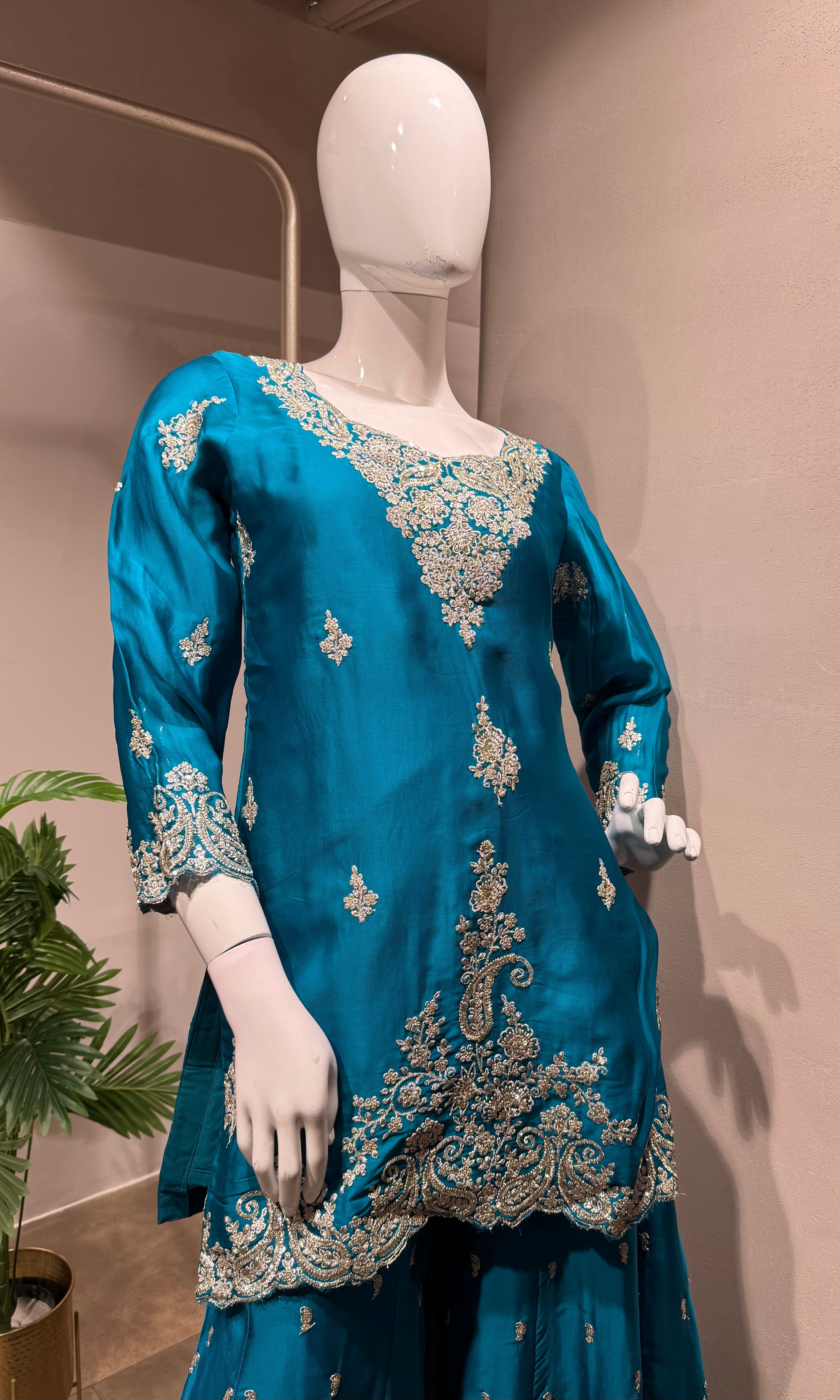 rama Designer Chinon Silk Embroidered Sharara Set