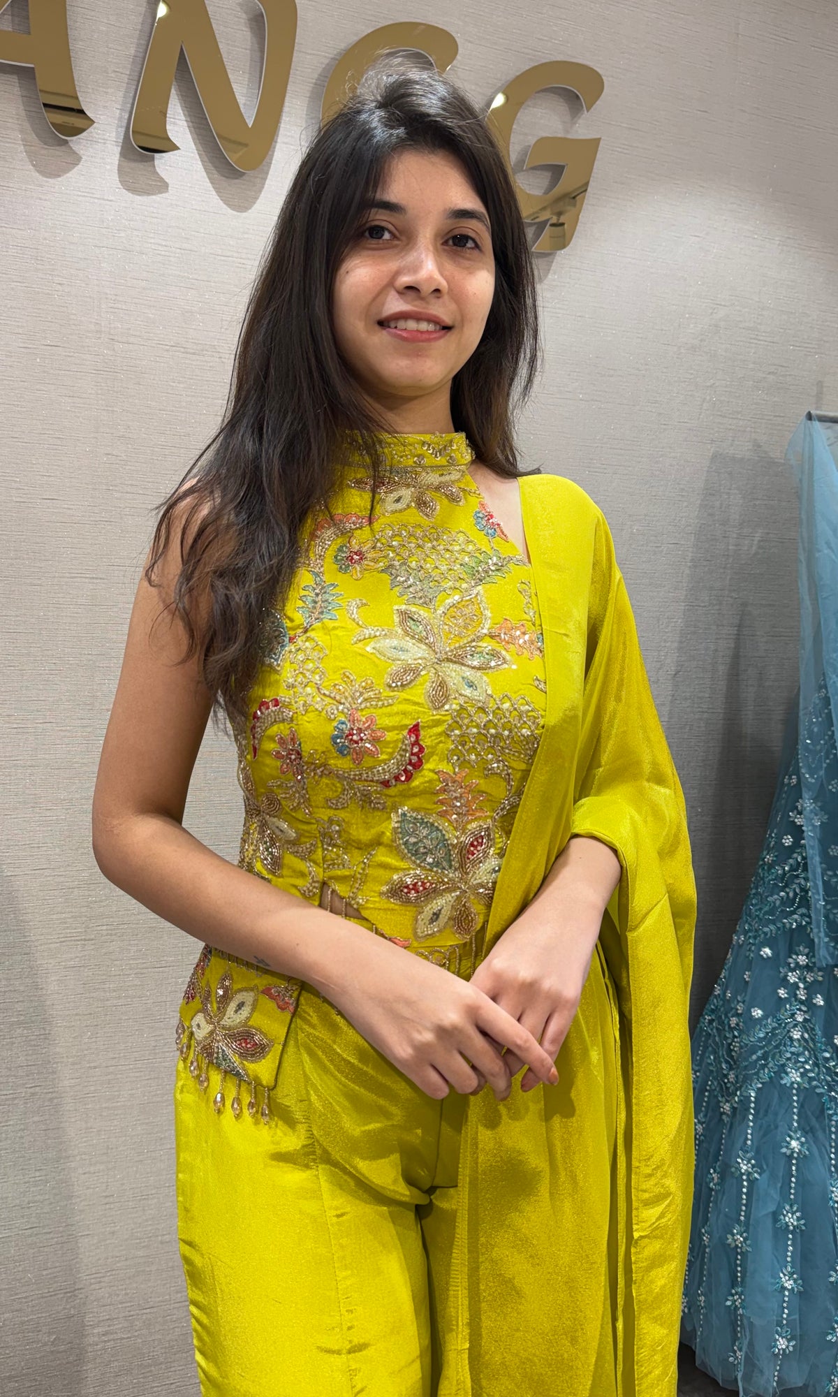 liril yellow silk embroidered halter top palazzo set with dupatta