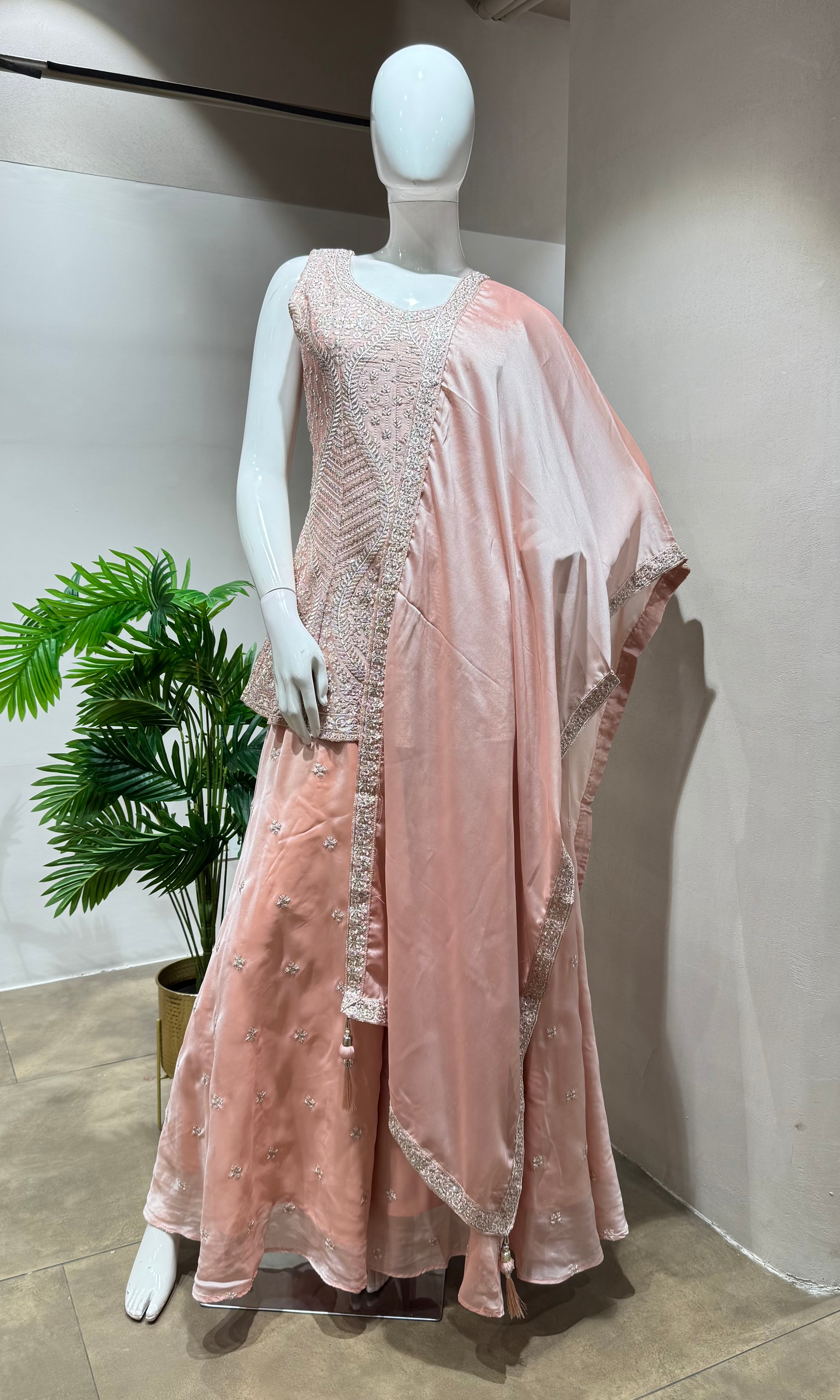 Blush PEACH Silk Embroidery PALAZZO SET