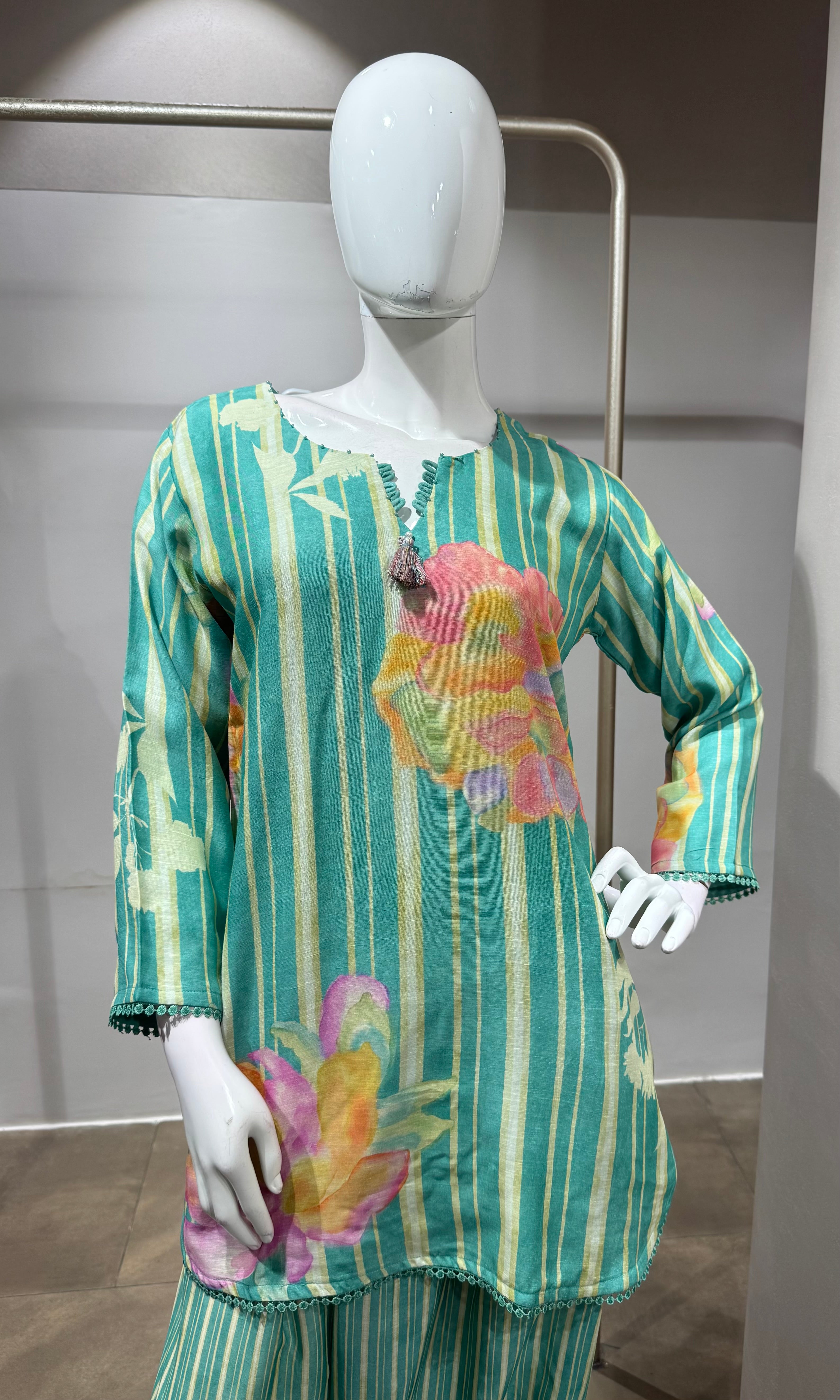 Aqua Green Floral Printed Farsi salwar