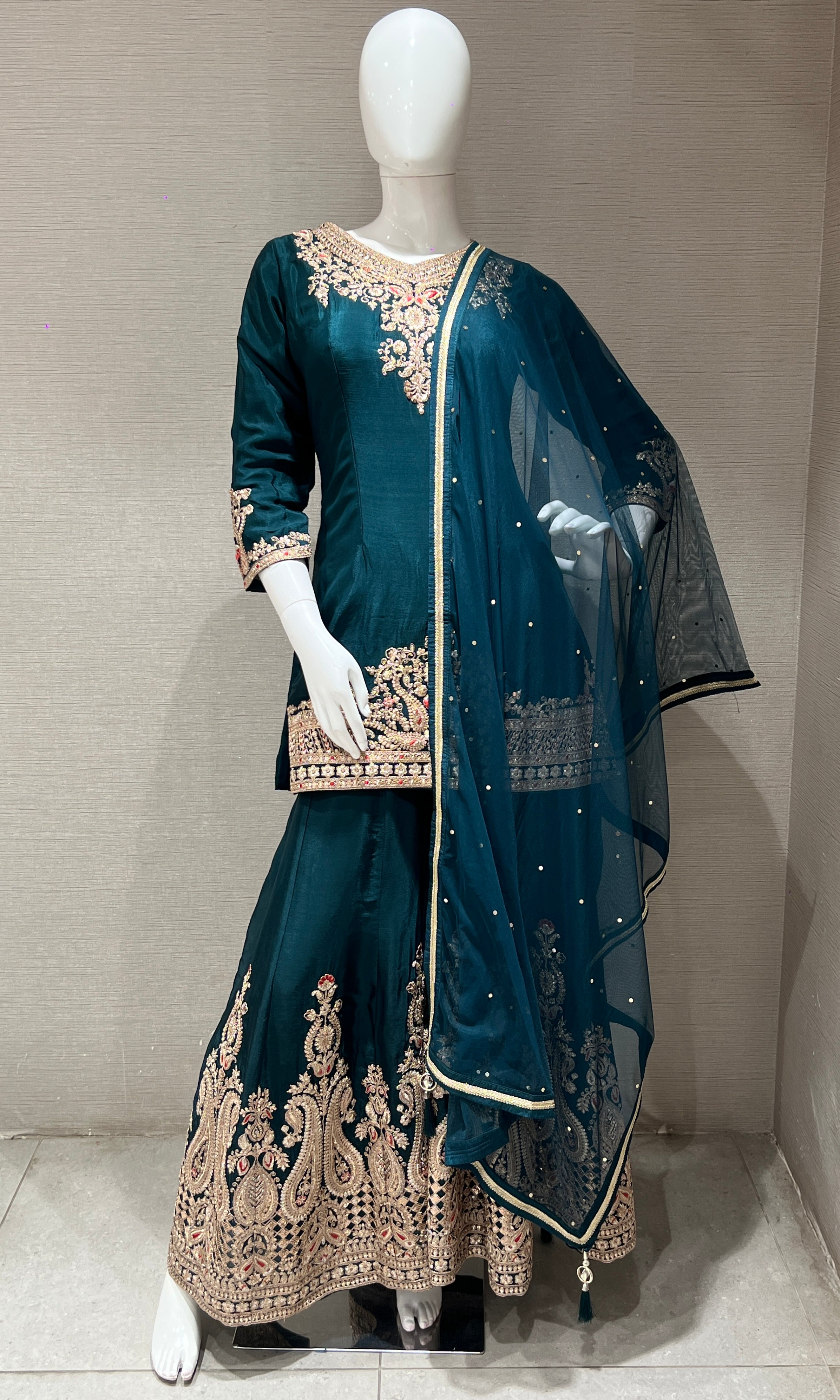 Bottle Green Embroidered Sharara Set with Net Dupatta