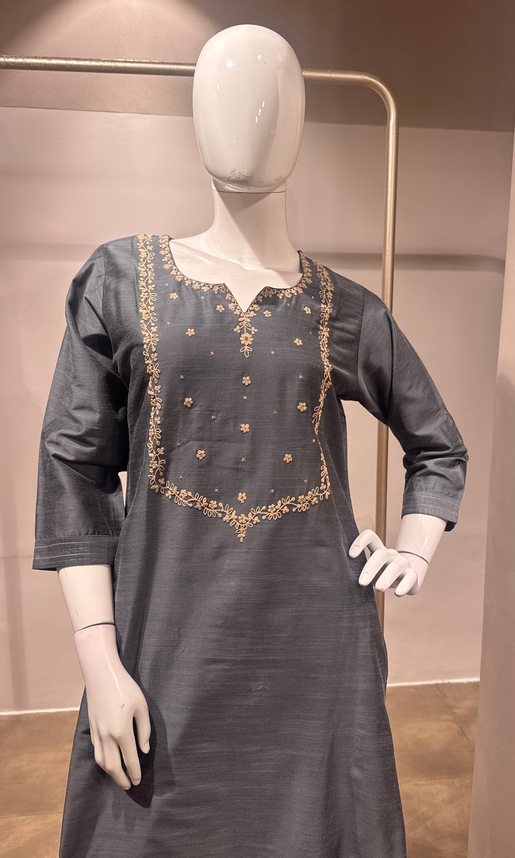 Slate Grey Silk Chanderi Kurta Set with Zari Embroidered