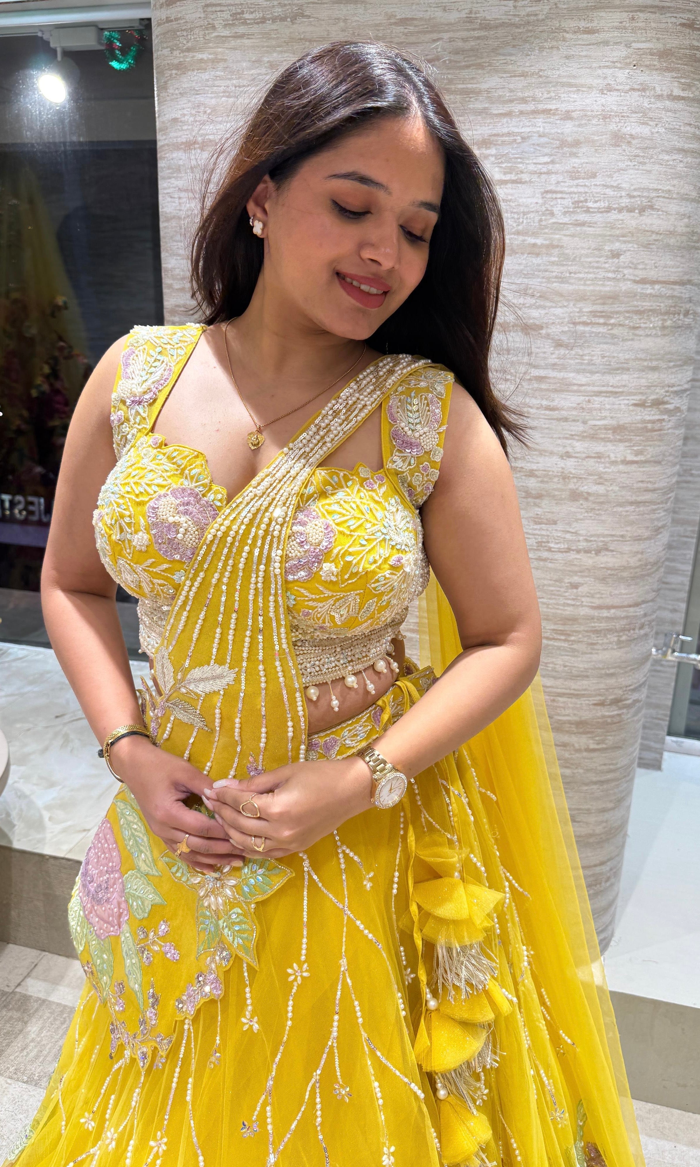 Yellow floral Crystal Embellished Lehenga