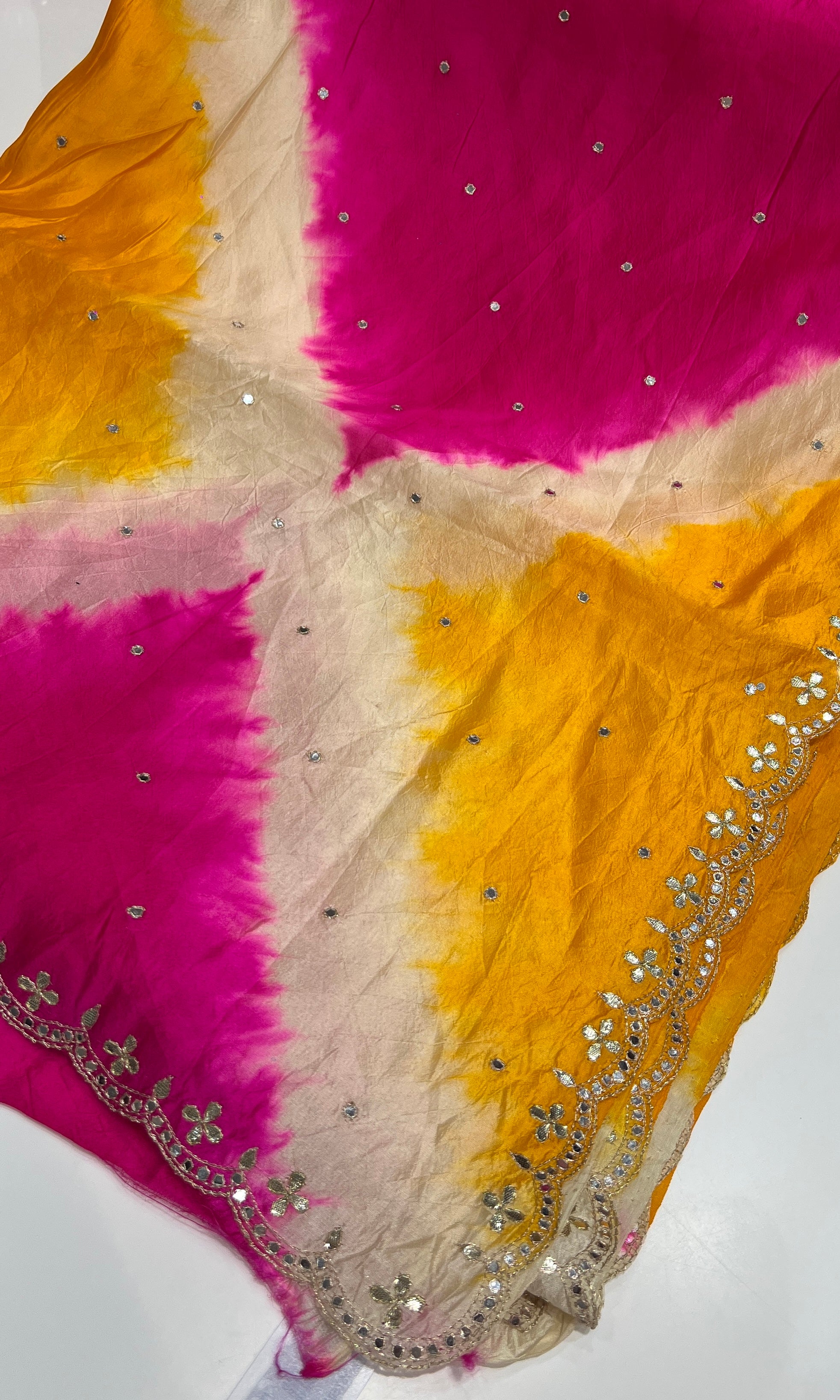 Shibori Tussar silk yellow and pink saree
