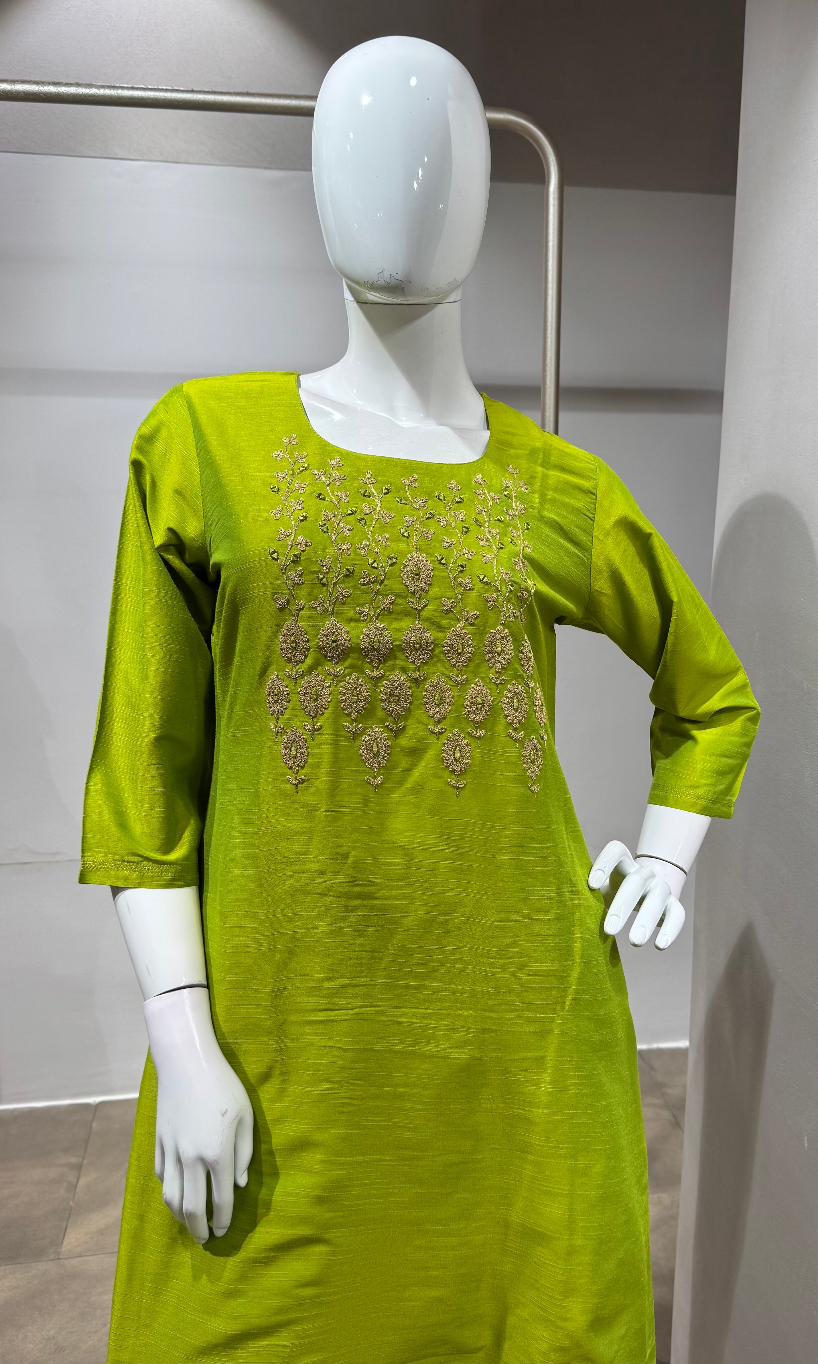 Lime Green Embroidered Silk Kurta set