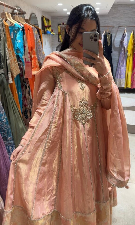 Peach zari work Anarkali