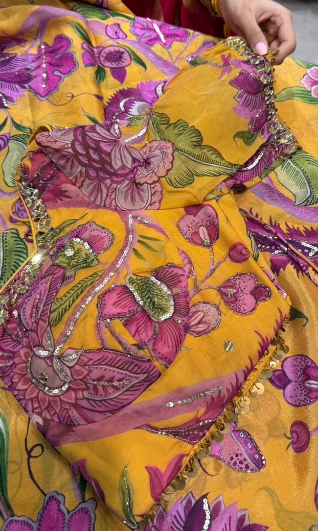 yellow floral saree with ready blouse