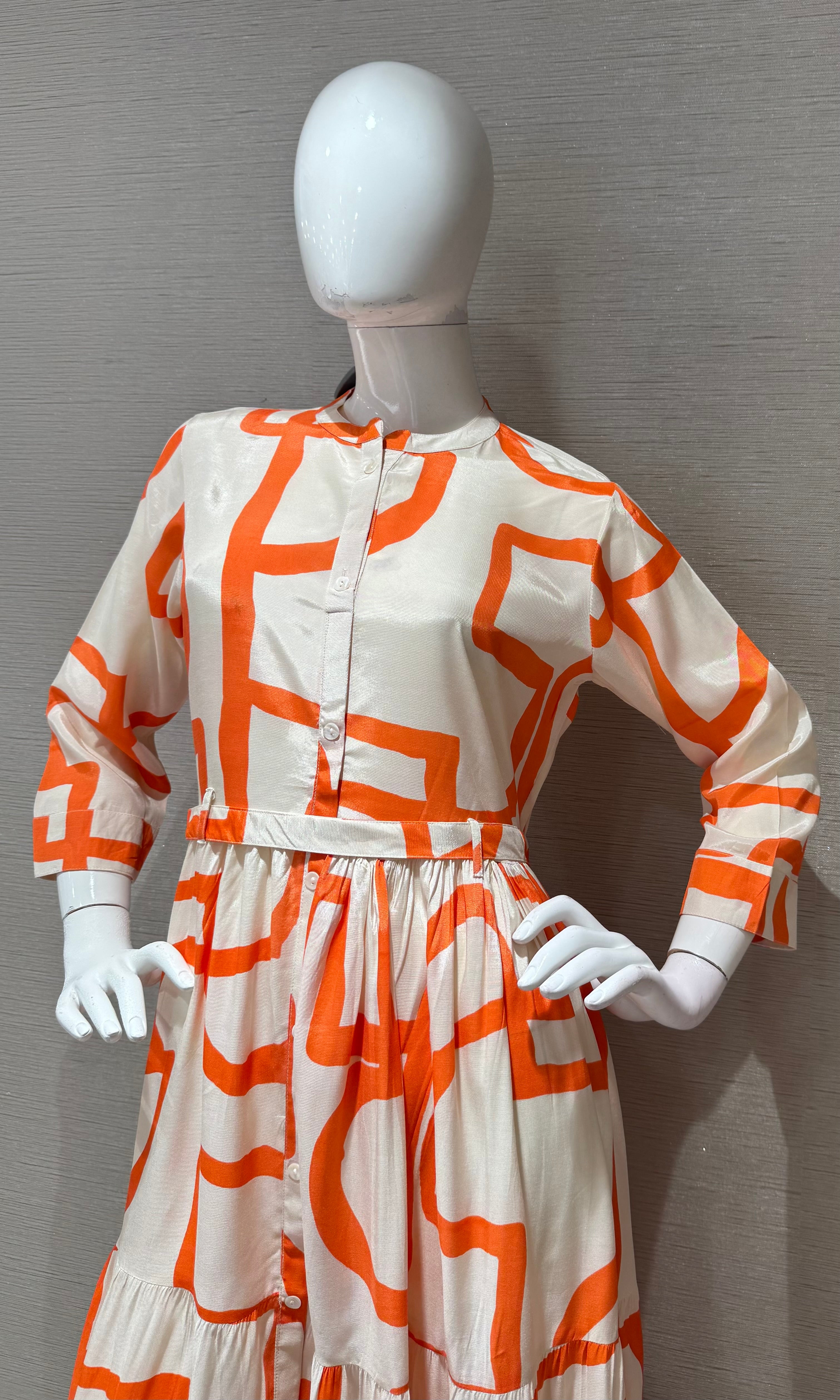 orange and white geometric tiered frock