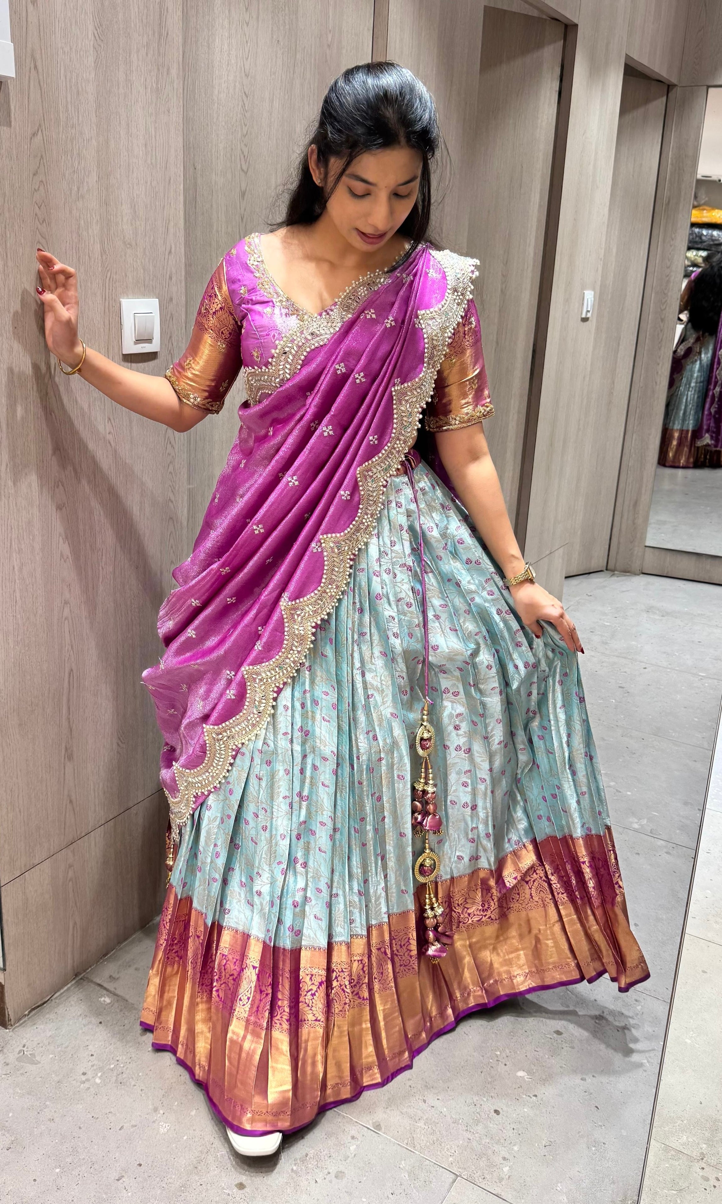 Ice blue And purple pink pattu half saree