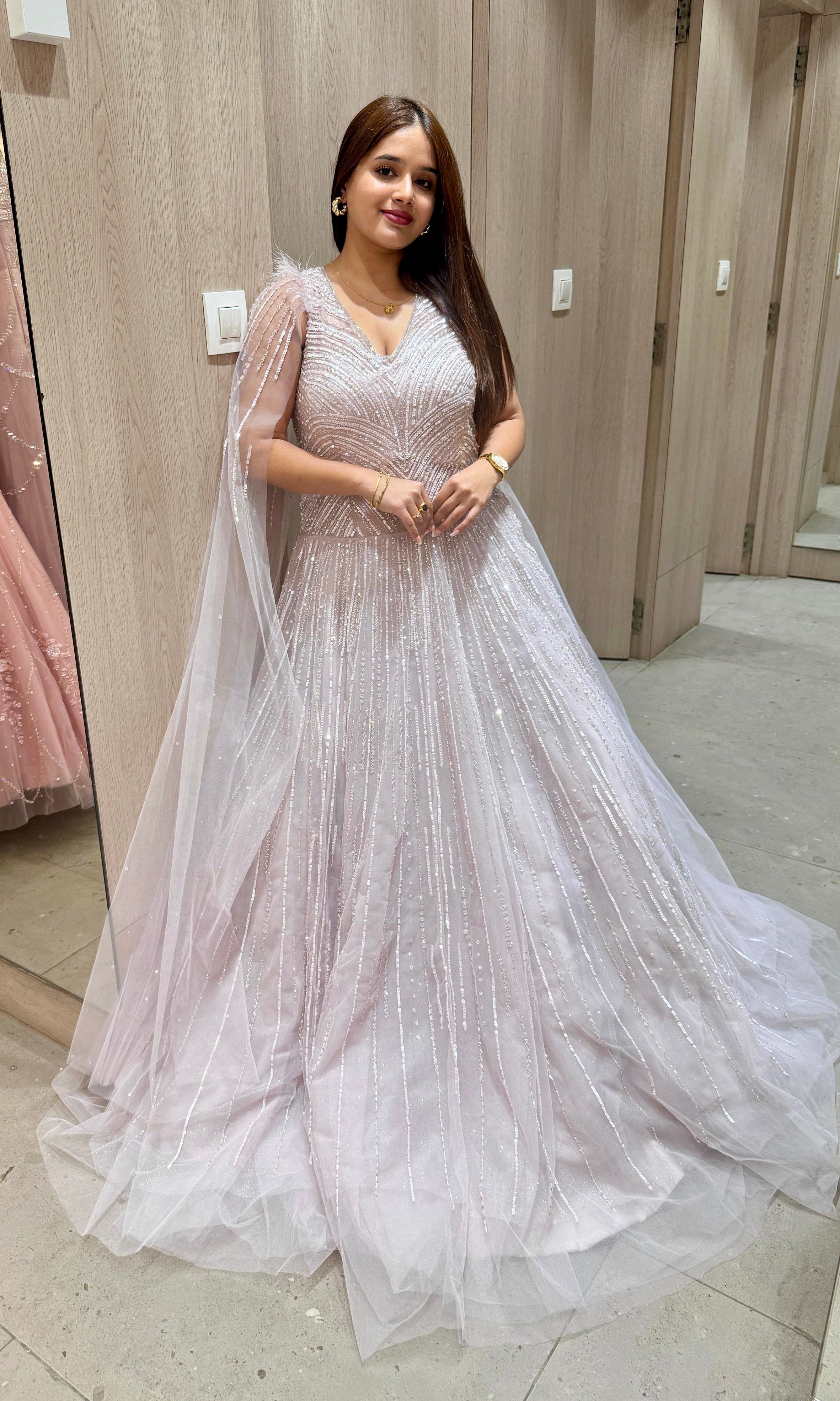 Lavender Sequins Net Designer Gown