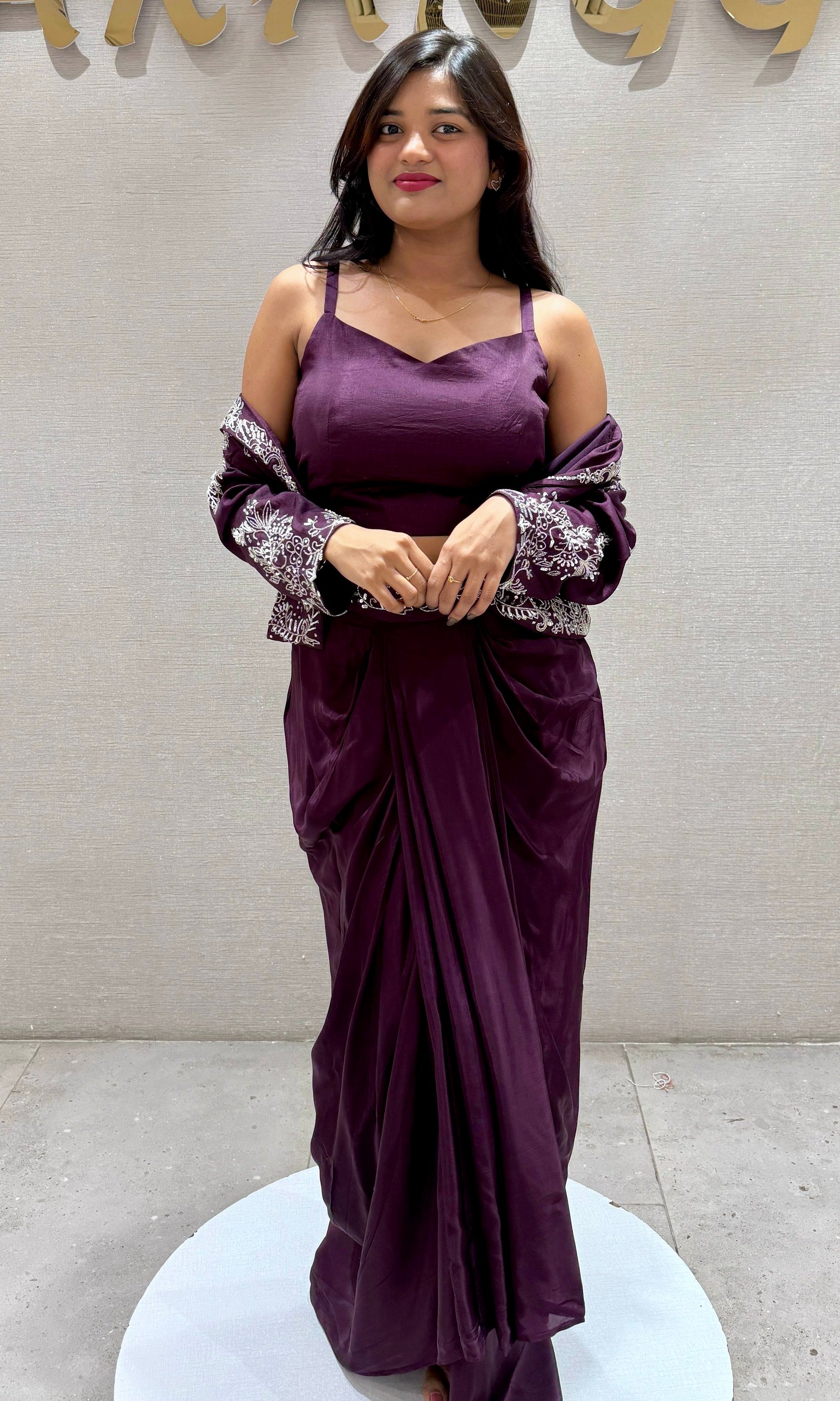 Wine 3 PIECE INDO WESTERN DRESS, COAT CROP TOP SKIRT