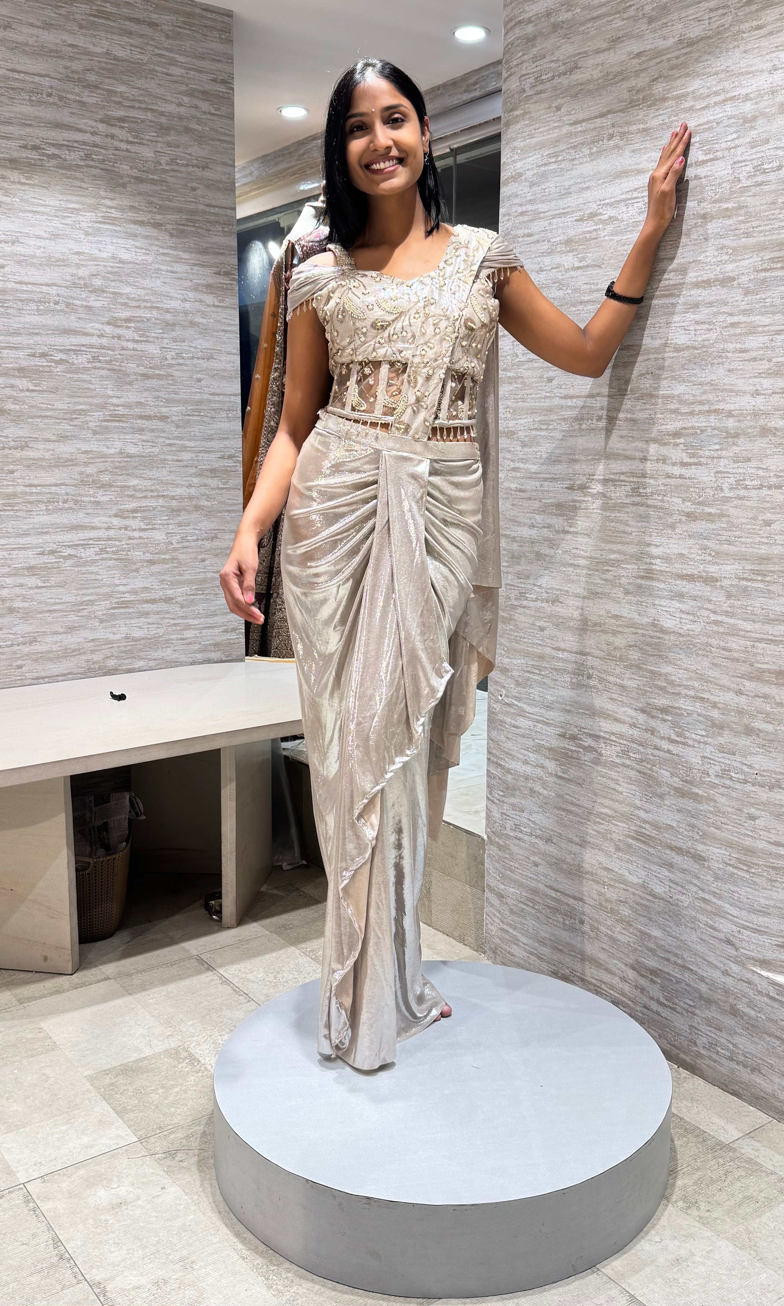 GOLD DRAPE SAREE WITH CORSET BLOUSE