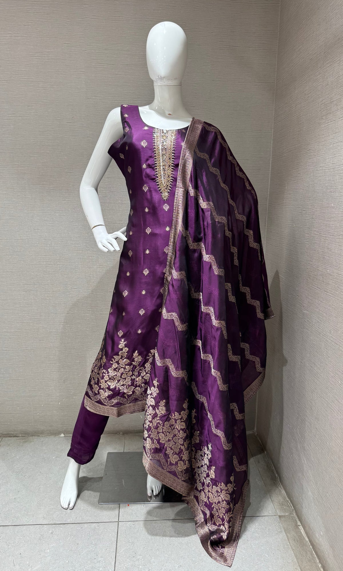 Wine Silk Embroidered Kurta Set with Banarasi Dupatta
