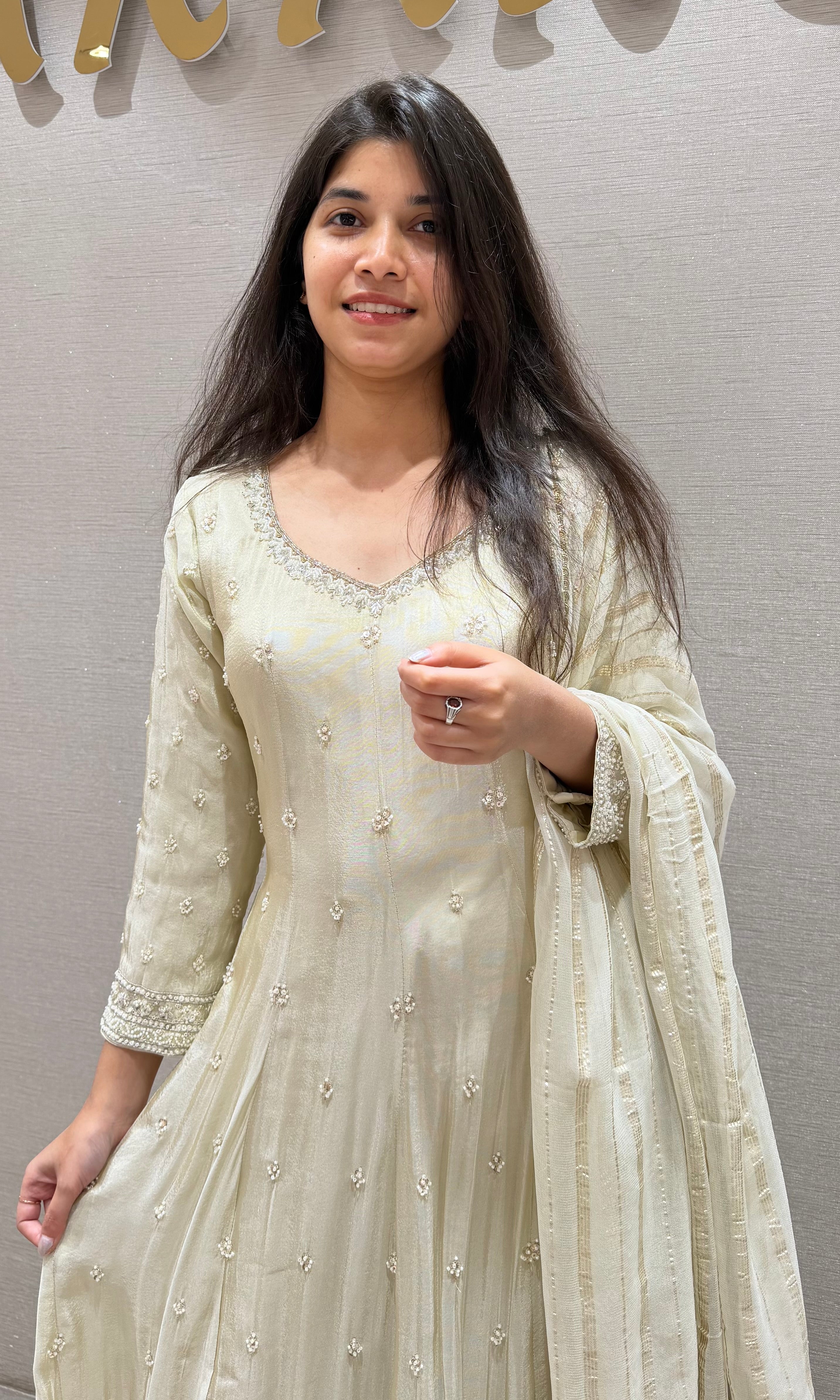 Half white FLORAL EMBROIDERED ANARKALI