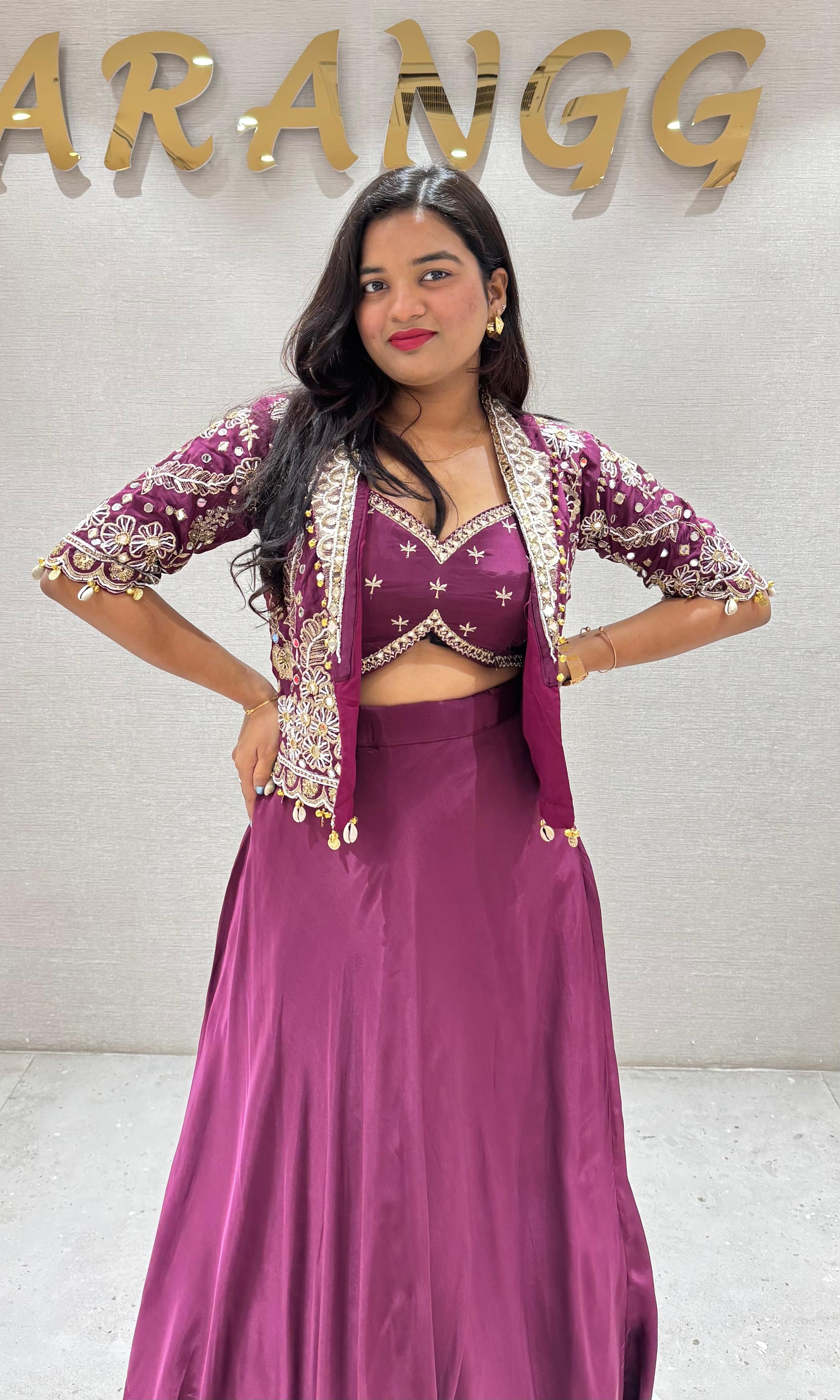 Wine Lehenga with Embellished Crop Jacket